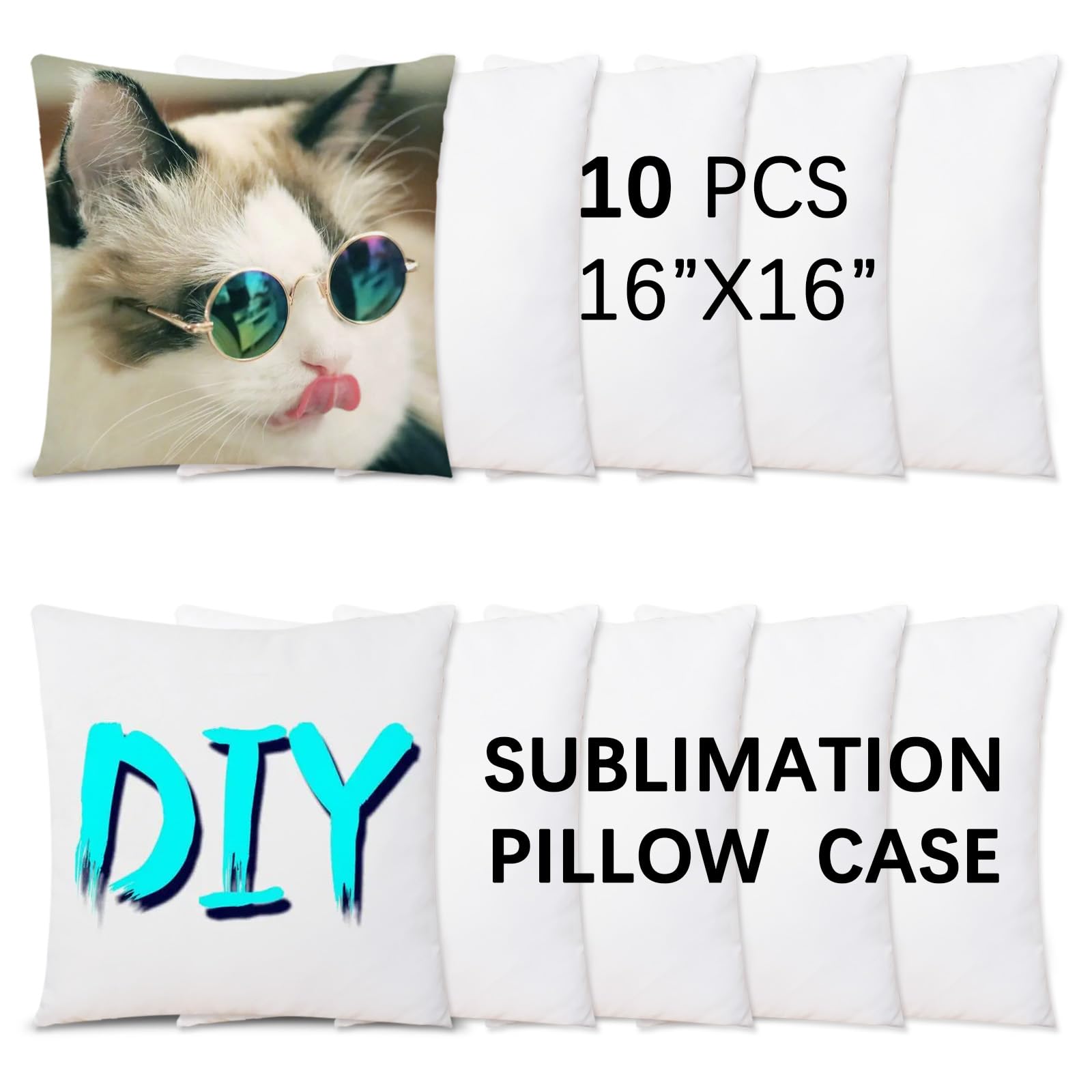 10-Pack 16x16 Inch White Sublimation Pillow Covers - Bulk Polyester Heat Transfer DIY Custom Photo Pillow Cases for Home Decor, Gifts & Personalized Bedding Accessories