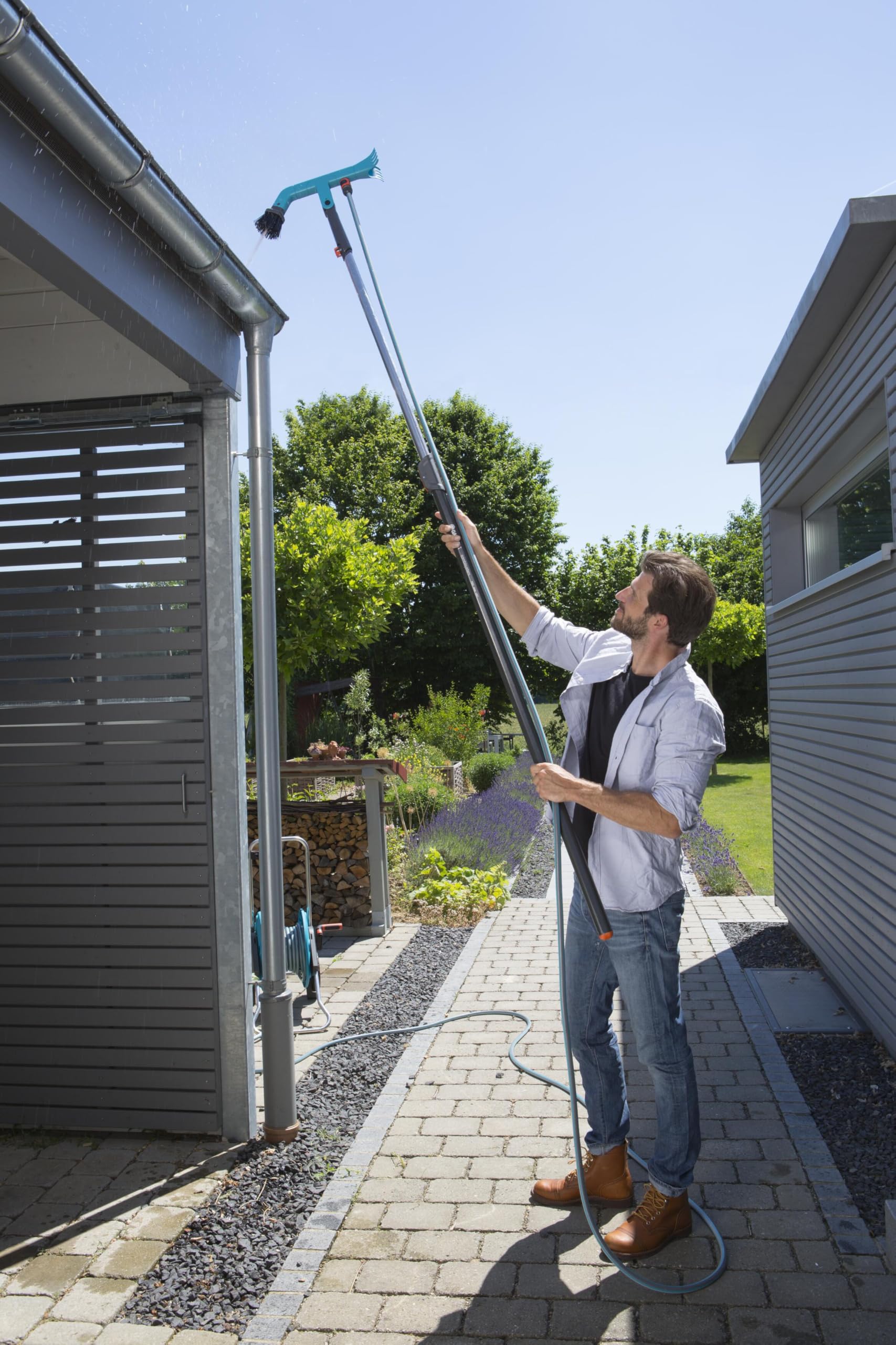 Gardena 3651-20 Combisystem Gutter Cleaner with Water Connection - Easy Roof & Gutter Cleaning Tool - Works With/Without Handle - German-Made for Home Maintenance