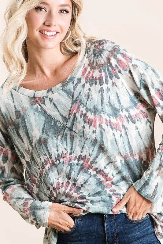BiBi Tie Dye Terry Top with Contrast Stitching - Stylish Women's Casual Shirt for Summer Outfits, Beach Wear, and Festival Fashion
