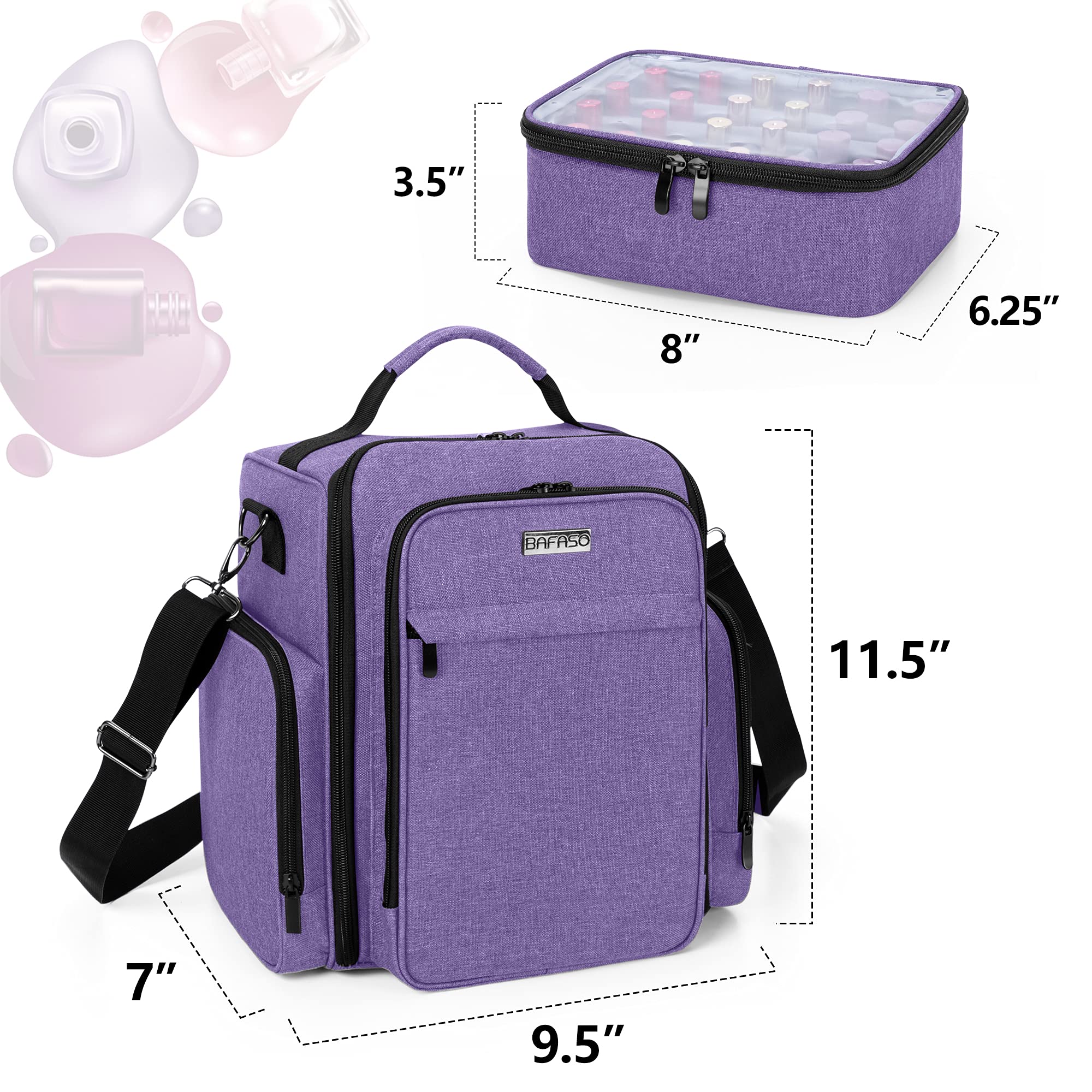 BAFASO 48 Bottle Nail Polish Organizer with Lamp & Pouches - Purple for Salon & Home Use