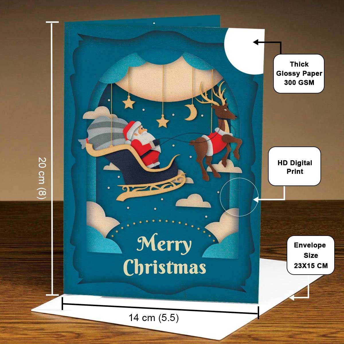 Beautiful Santa & Sleigh Christmas Greeting Cards (20x15cm) - Perfect for Friends, Family & Colleagues - Holiday Cards for Christmas 2024, Secret Santa & Festive Celebrations - Send Warm Wishes Online