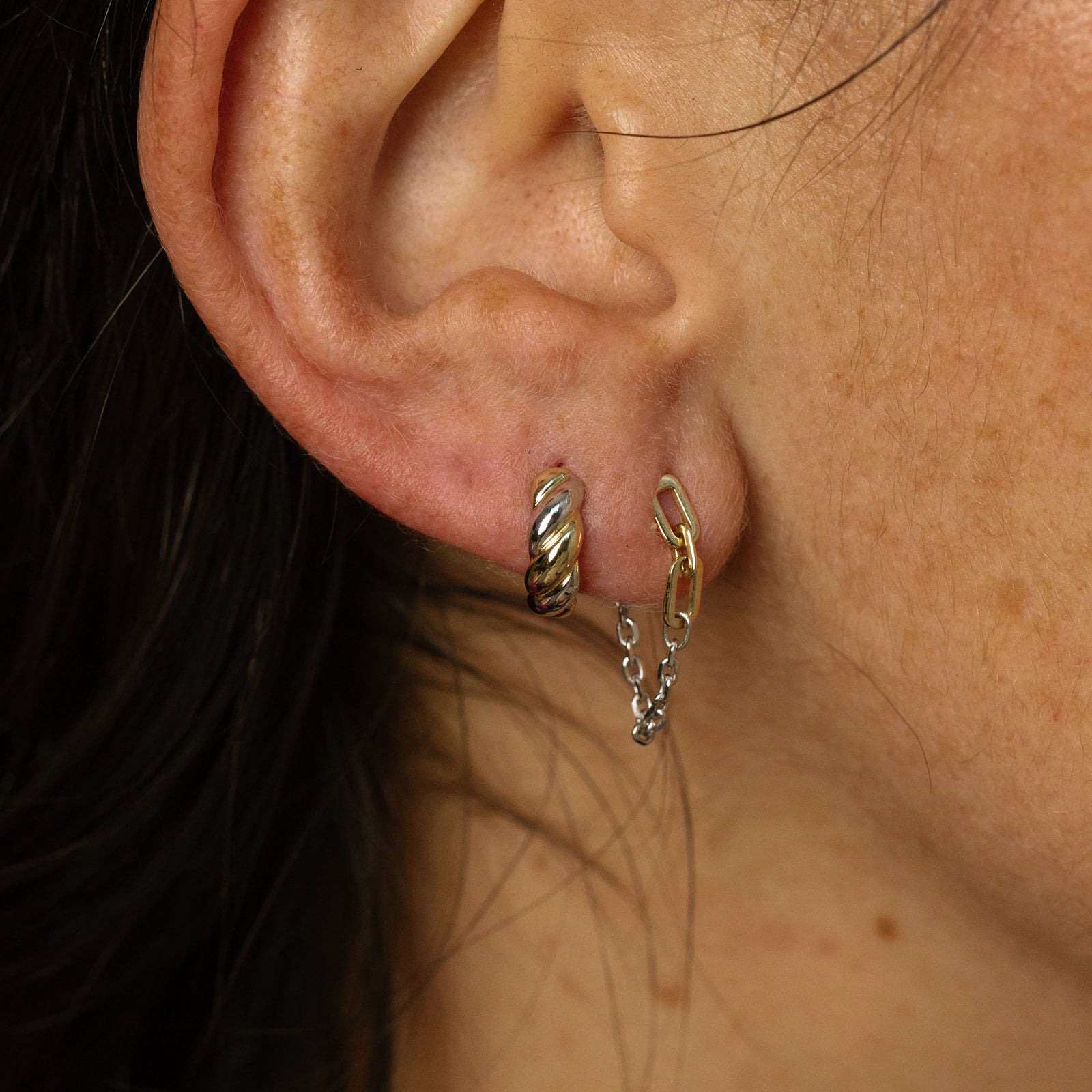 Solid Gold Mixed Metal Chain Dangle Huggie Earrings for Women - Elegant Hoop Earrings for Everyday Wear, Date Night & Special Occasions