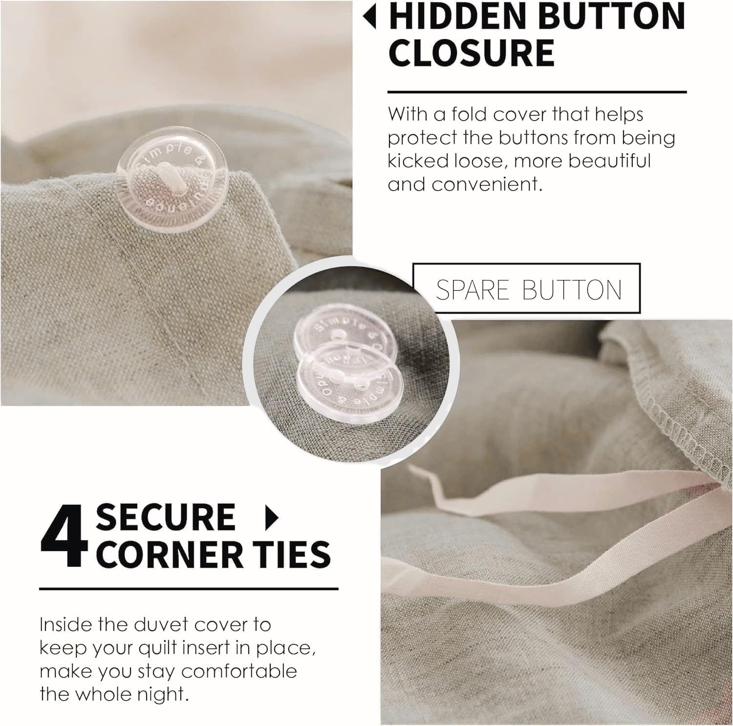 Premium 100% French Flax Linen Duvet Cover Set King Size - 3 Piece Natural Breathable Bedding with 2 Pillowcases (104