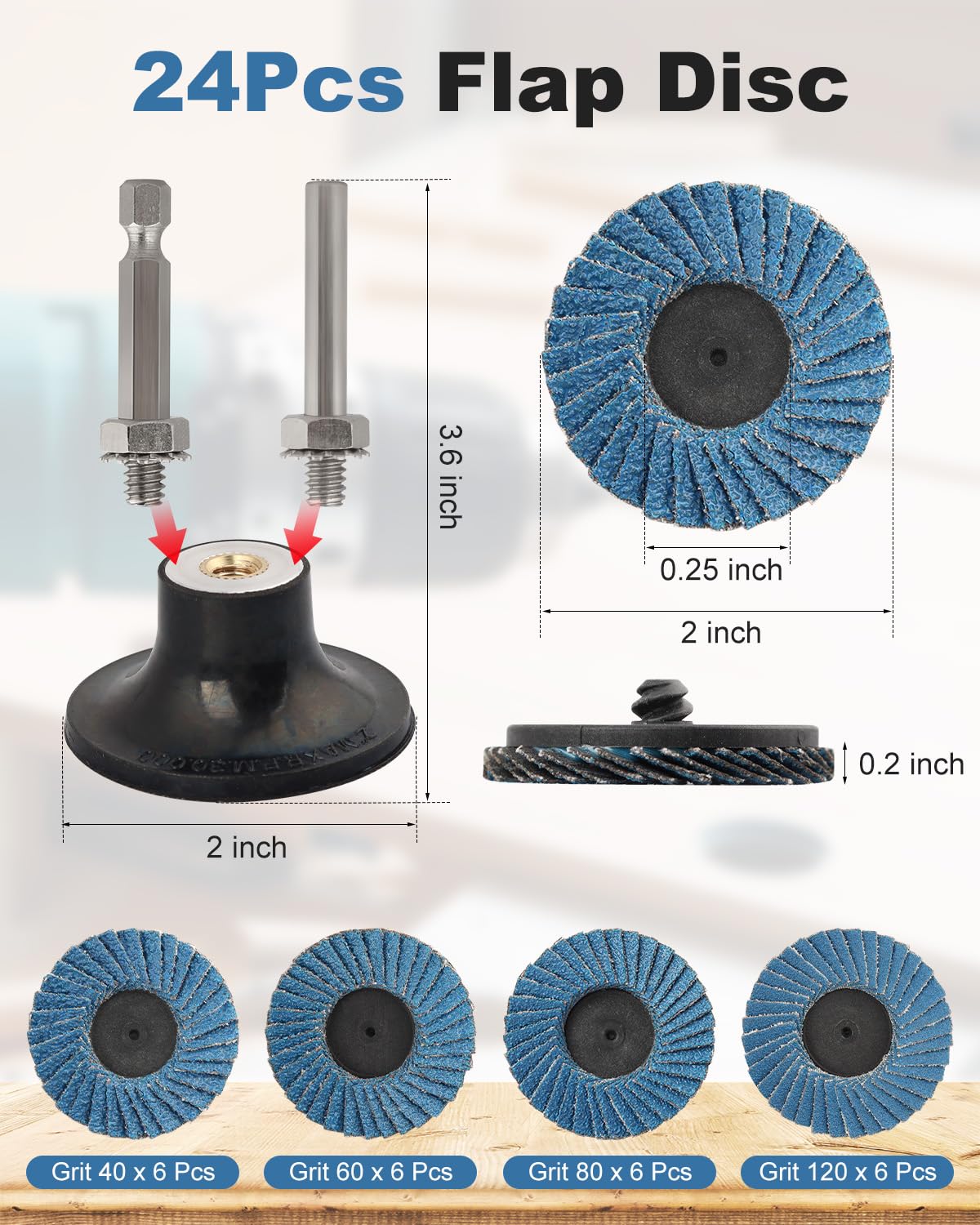 24 Pcs 2 Inch Flap Disc Set - 40/60/80/120 Grit Sanding Discs with 1/4