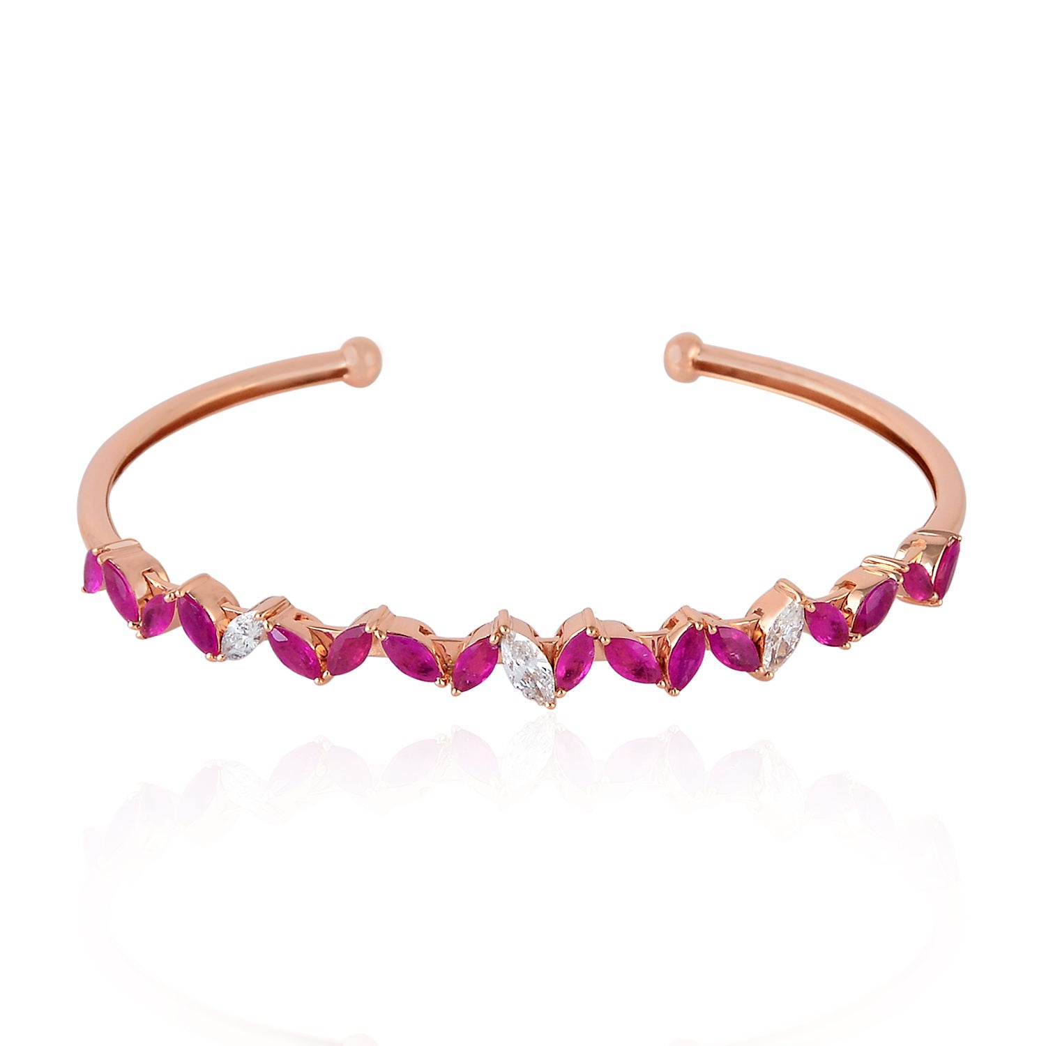 18K Rose Gold Marquise Cut Ruby & Rose Cut Diamond Cuff Bracelet - Elegant Fashion Jewelry for Women, Perfect for Weddings, Parties & Special Occasions