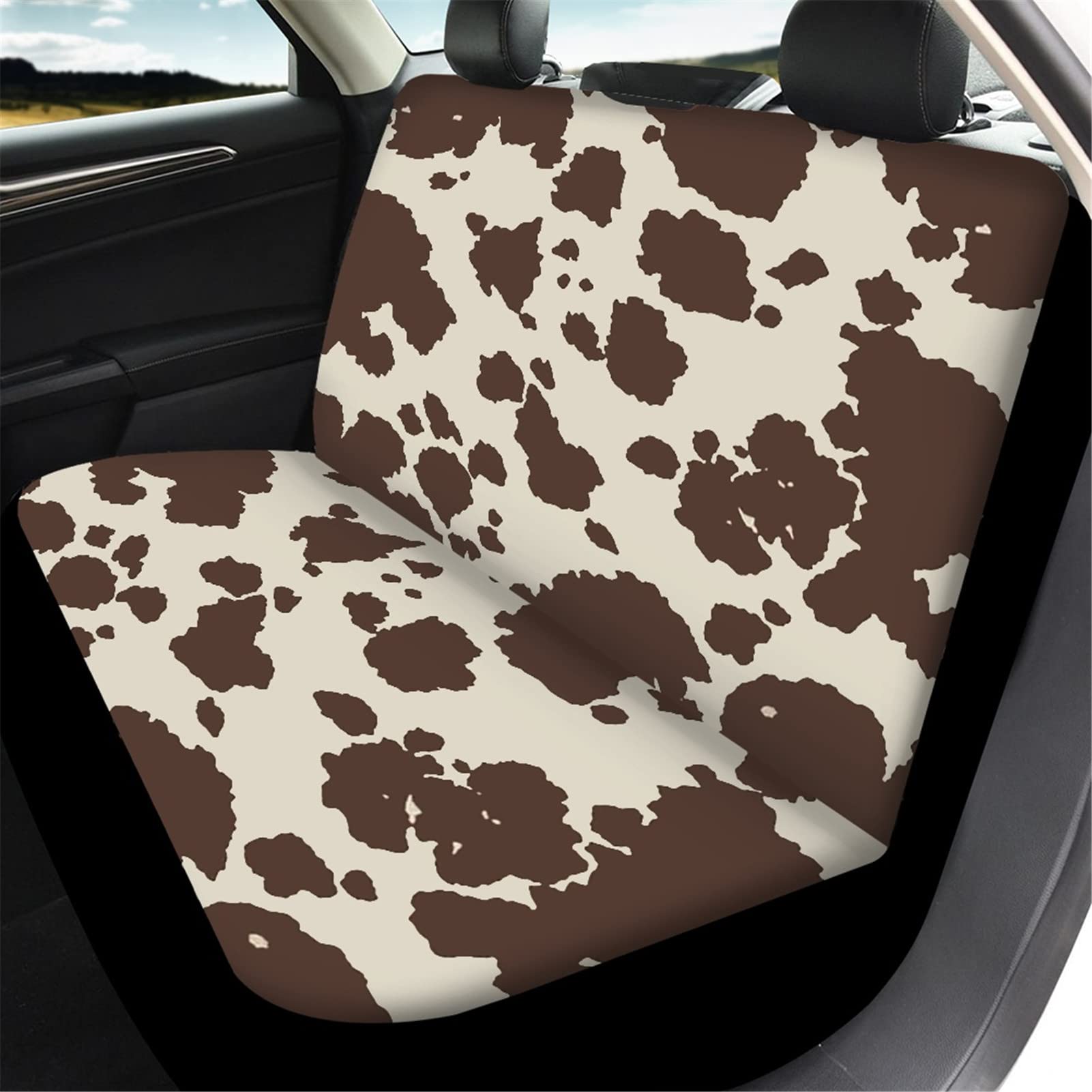 Premium Cowhide Print Car Seat Cover - Universal Fit for Cars, Trucks, Vans & SUVs - Durable Polyester Fabric with Full Wrap Protection - Dustproof & Scratch Resistant - Perfect for Family Road Trips, Pet Owners & Daily Commute (Brown)