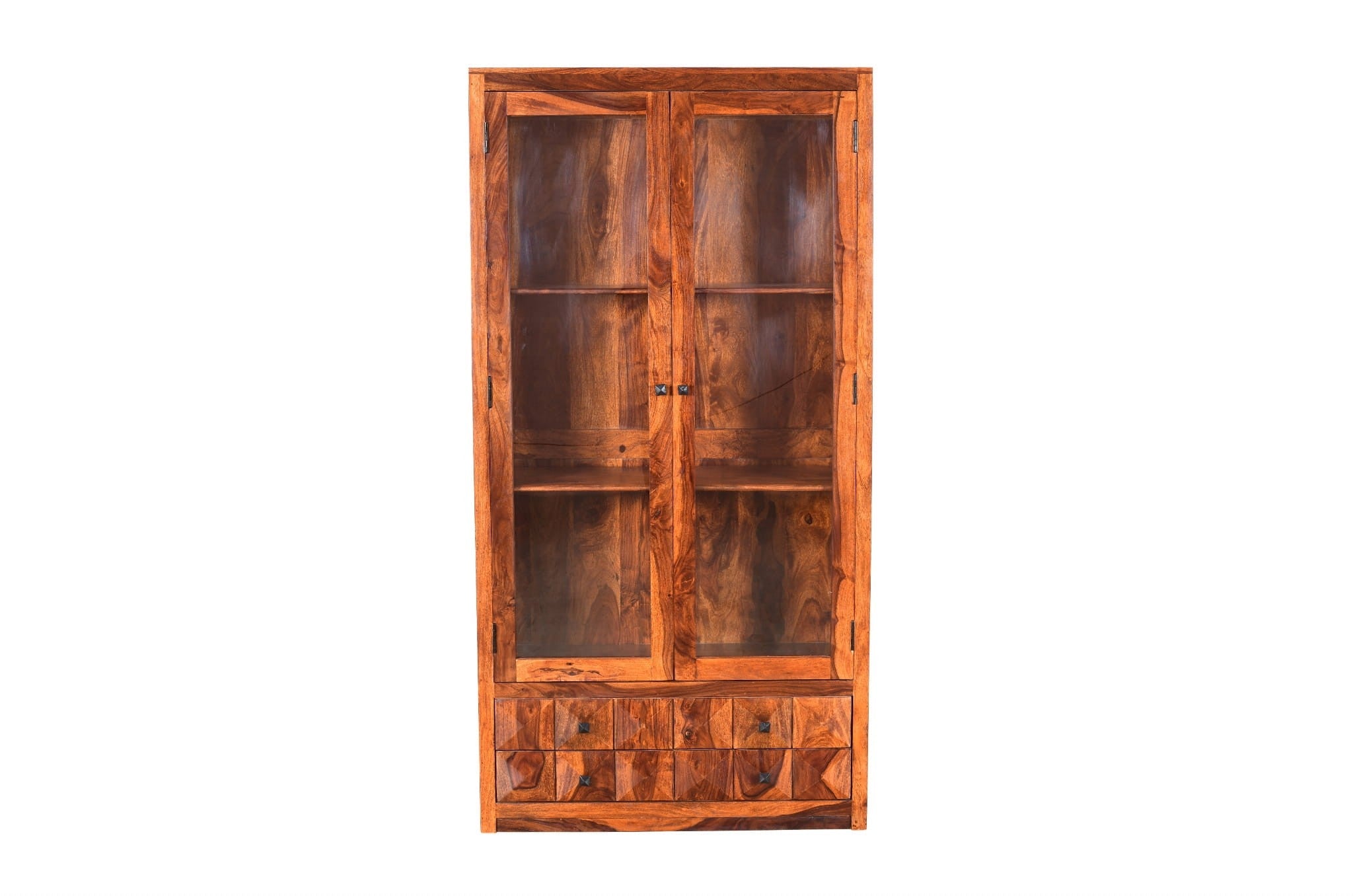 Handcrafted Diamond Indian Sheesham Solid Wood Display Cabinet with Tempered Glass - 100x40x195cm - Premium Home Decor for Living Room, Dining Room & Office Storage