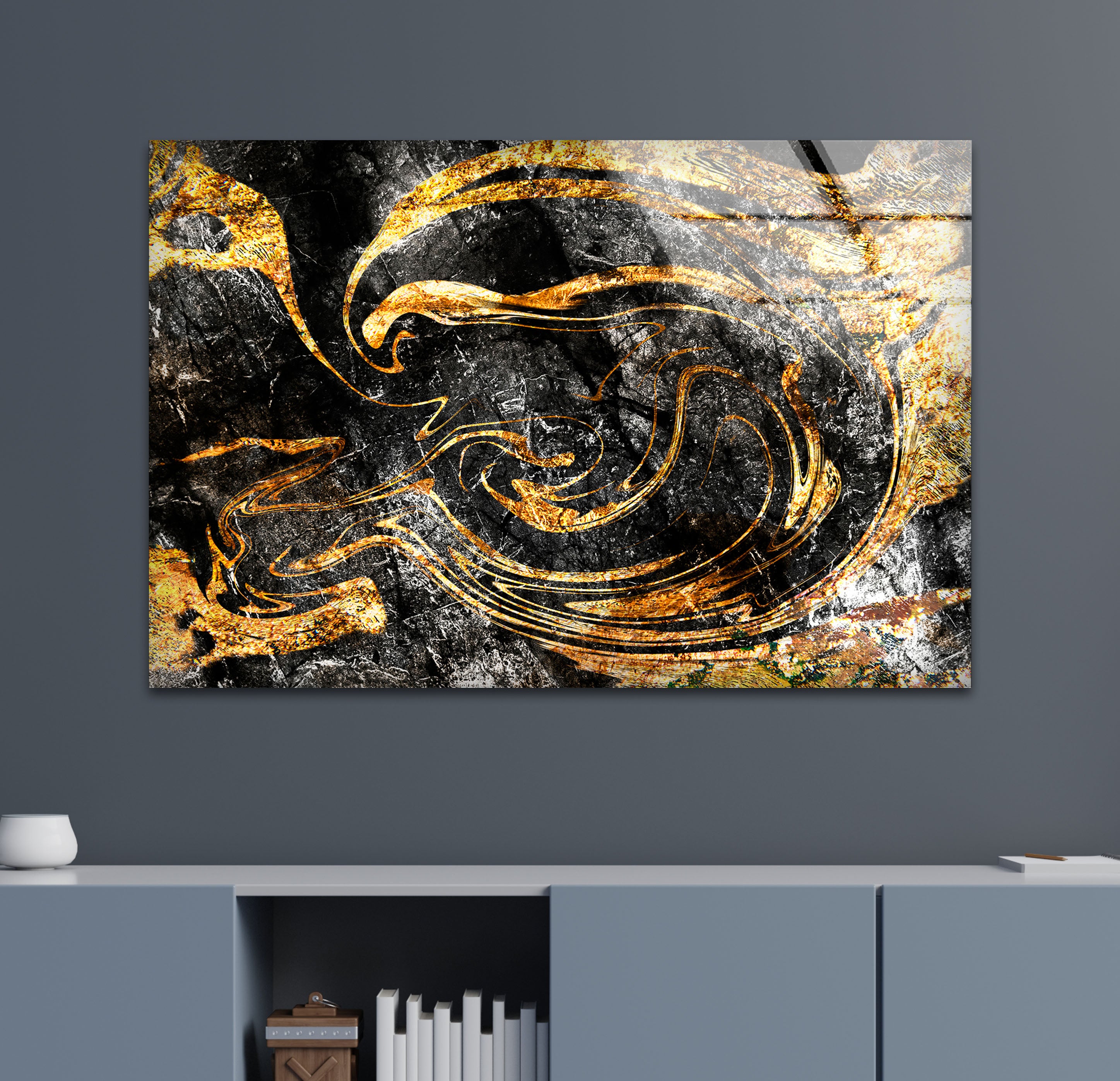 Black Gold Abstract Wall Art - Premium Textured Glass Print with Metallic Swirl Design for Modern Home & Office Decor | Perfect for Living Room, Bedroom or Contemporary Spaces
