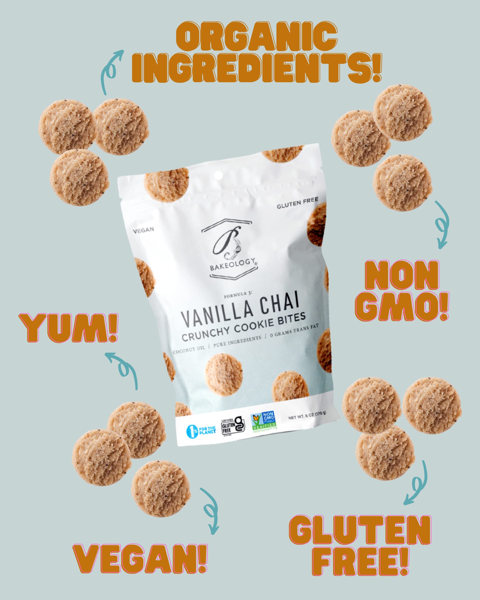 Bakeology Gluten Free Vegan Cookies - 6 Pack (5 oz Each) | Chocolate Chip & Vanilla Chai Flavors | Healthy Snacks for School, Office & Travel | Dairy-Free Plant-Based Treats