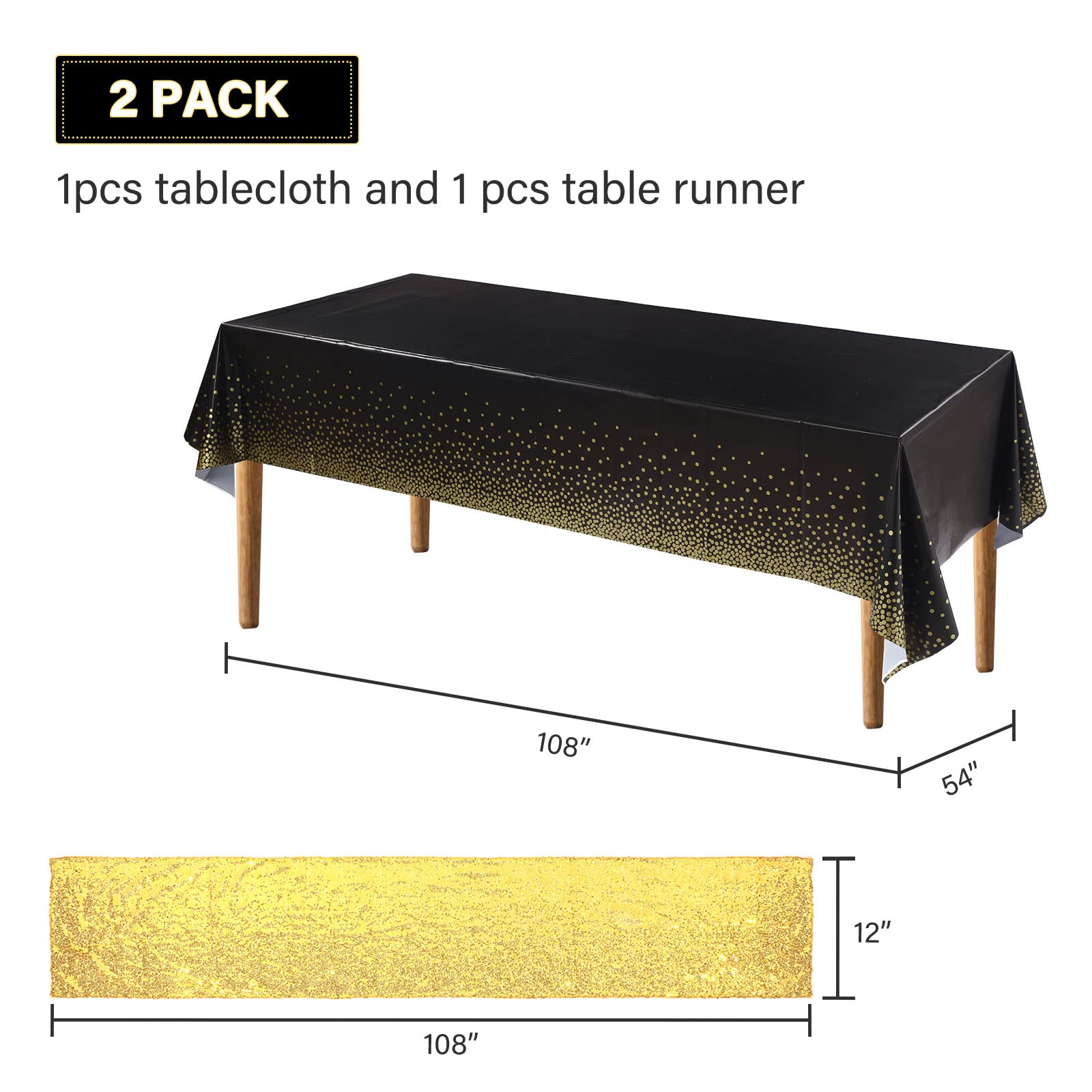 Polka Dot & Sequin Tablecloth Set - 2 Pcs Glitter Plastic Table Cover with Confetti Table Runner for Birthday, Wedding, Anniversary Party Decor (Black & Gold) | Perfect for Dining Tables, Buffets, and Special Event Decorations