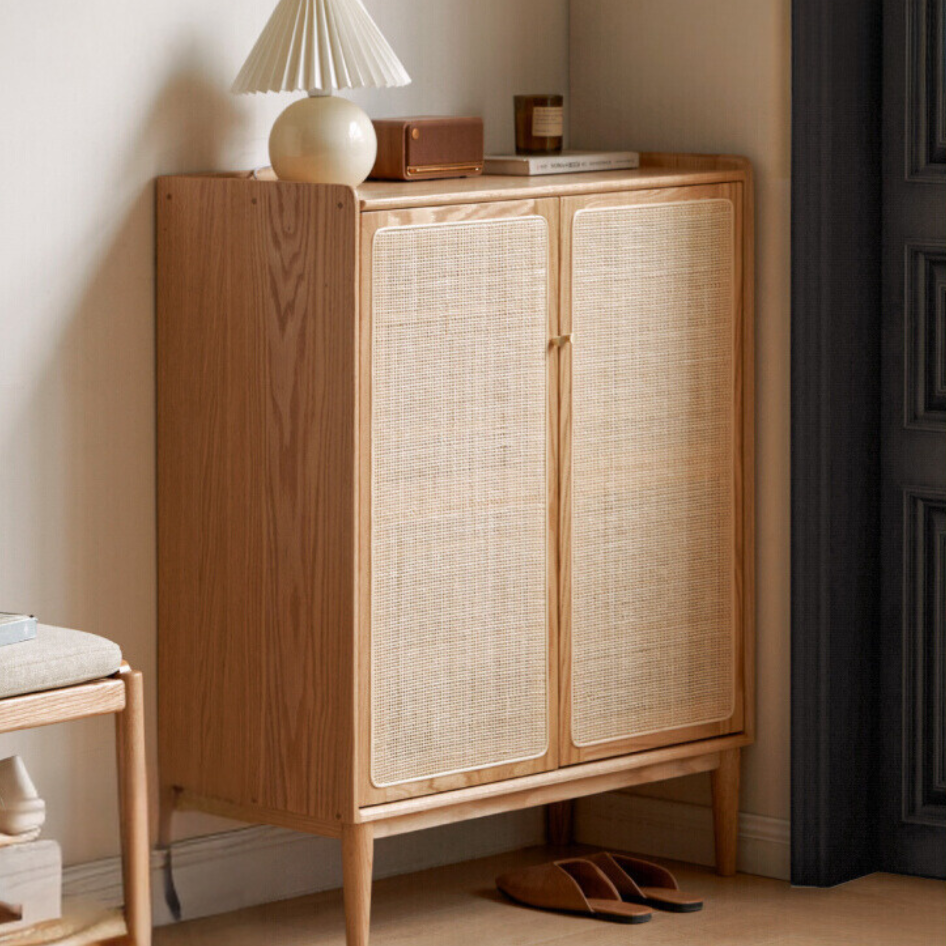 Solid Oak Wood Shoe Storage Cabinet with Rattan Doors - Organize Shoes Neatly in Entryway, Bedroom or Closet