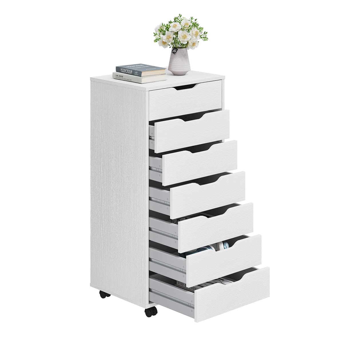 Panana 5/7 Drawer Wooden Dresser Cabinet with Wheels - White Tall Storage Chest for Bedroom & Office Organization - 7 Drawer Modern Furniture for Clothes, Toys & Home Decor Storage