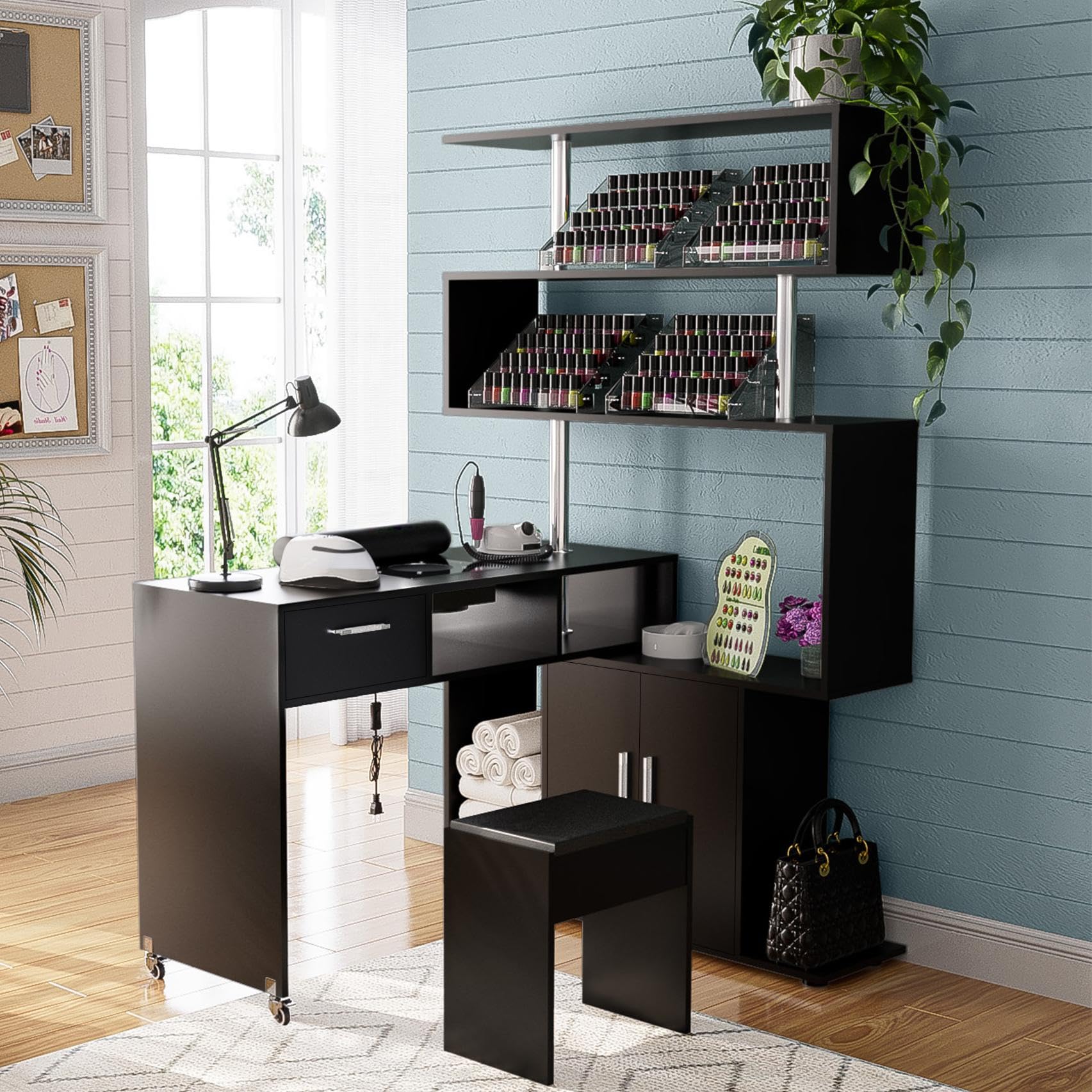 Professional Rotating L-Shaped Manicure Table with Stool - Nail Tech Desk with Built-in Dust Collector, 2-Way Drawer, Storage Cabinet & Shelves - Mobile Reversible Nail Salon Workstation (Black) | Perfect for Home Salons, Nail Technicians & Beauty Professionals