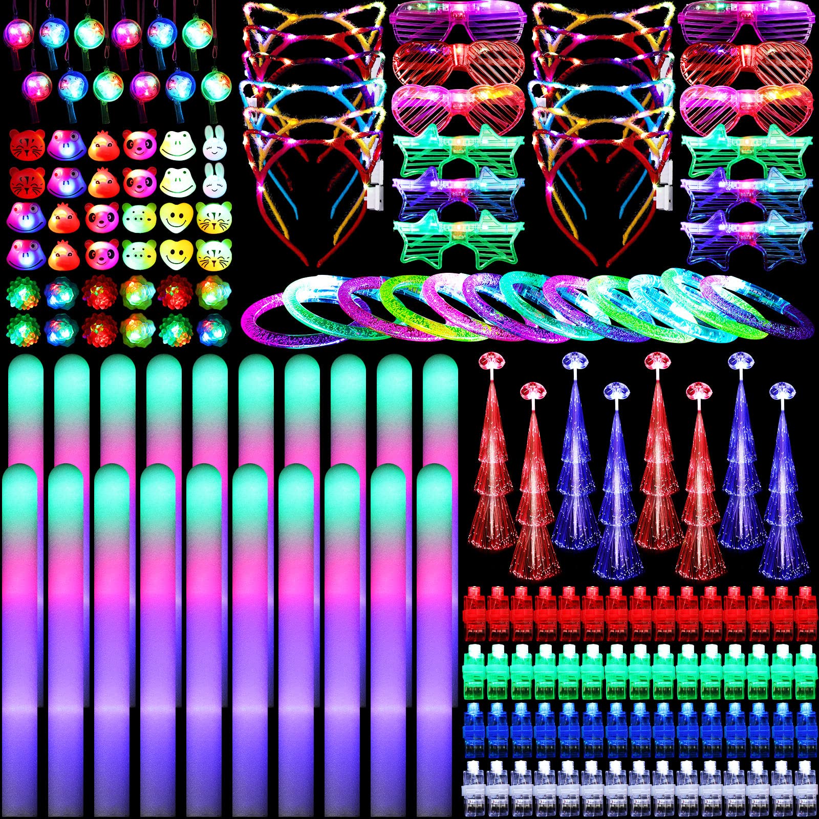 240 Pcs LED Party Favors Set - Glow in the Dark Party Supplies with Finger Lights, Flashing Glasses & Fiber Optic Hair Lights - Perfect for Halloween, Wedding, Kids Birthday & Nighttime Celebrations