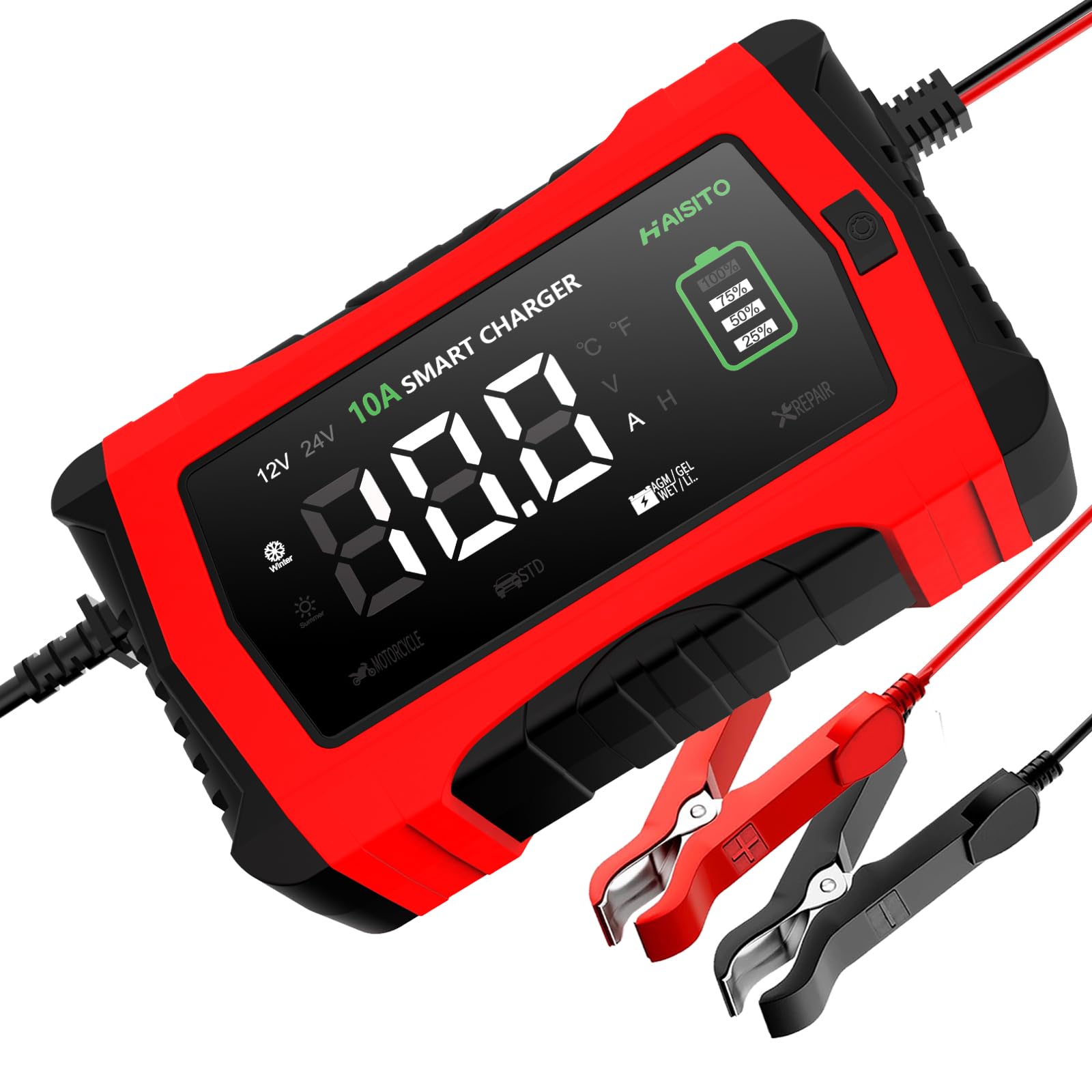 10-Amp 12V/24V Smart Car Battery Charger & Maintainer with Temperature Compensation - Fully Automatic Trickle Charger & Desulfator for Cars, Trucks, Motorcycles - Perfect for Winter Storage & Long-Term Vehicle Maintenance