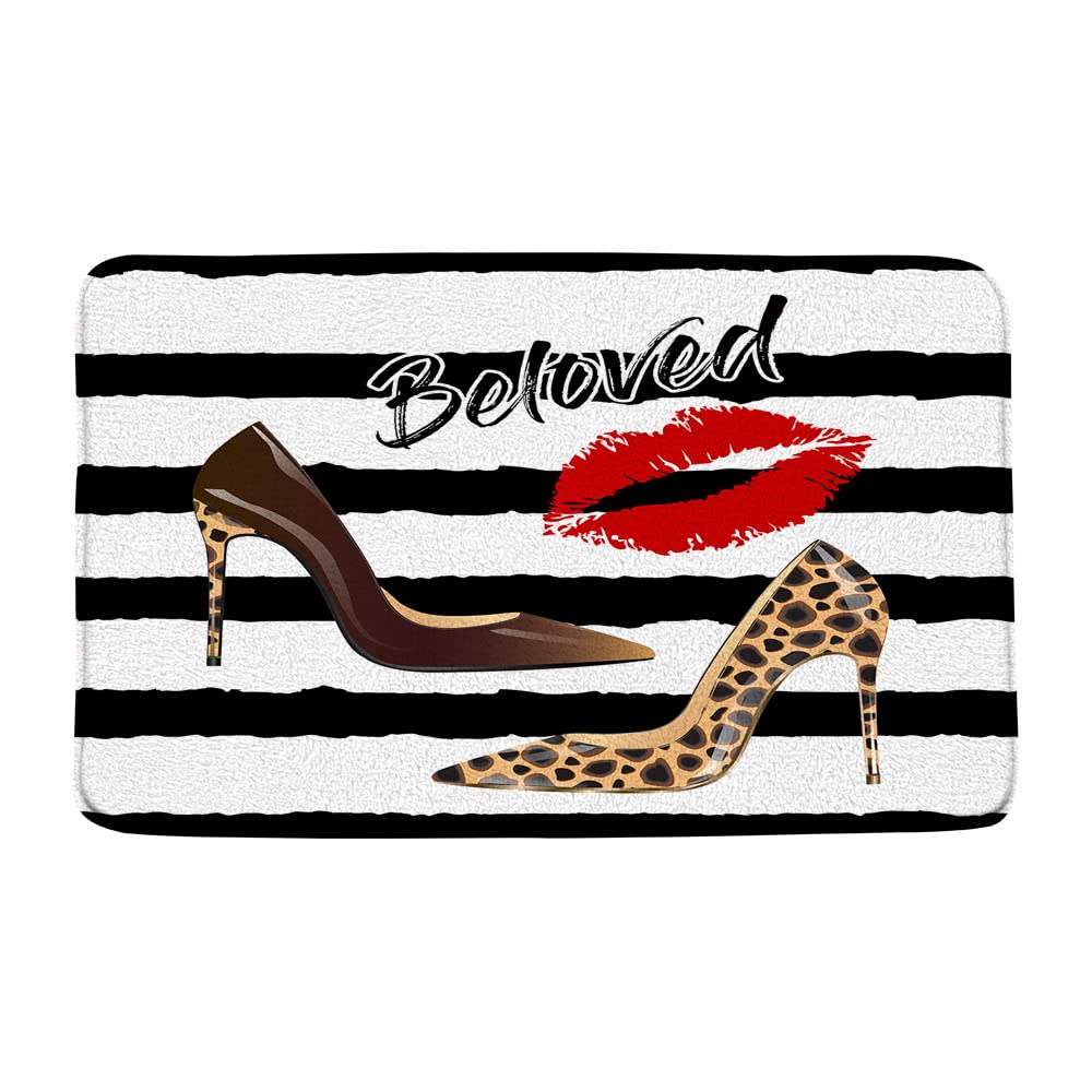 Fashionable High Heels Bath Mat - Black & White Stripes with Red Kissing Lips & Leopard Print - Memory Foam Non-Slip Bathroom Rug - Elegant Home Decor for Women - Perfect for Bathroom, Bedroom, Vanity Area & Dressing Room