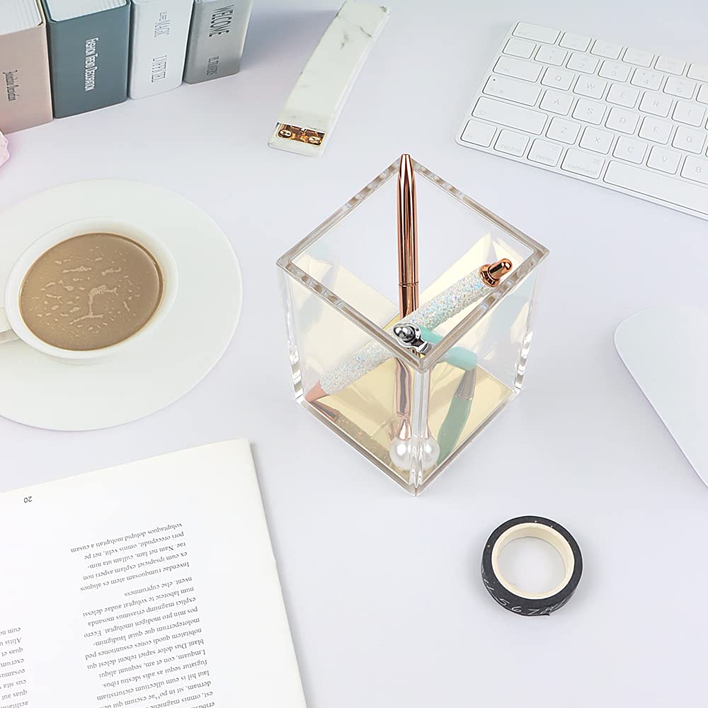 NatSume Basics Gold Acrylic Pen Holder - Clear Pencil Cup & Makeup Brush Organizer for Office, School, Home Desk | Stylish Desktop Accessory for Stationery & Cosmetics Storage
