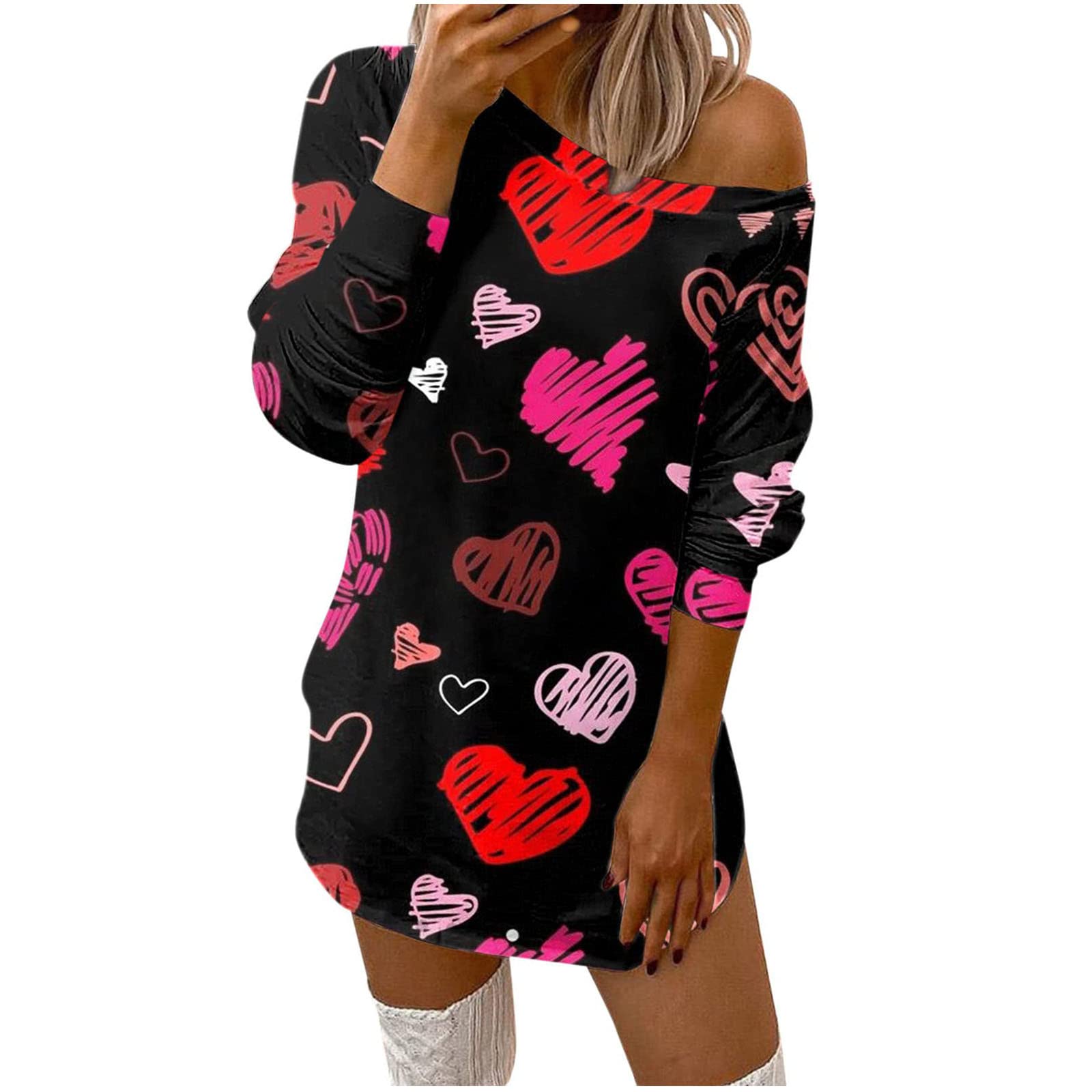 Lisgai Women's Valentine's Day Off Shoulder Sweatshirt Dress - Sexy Long Sleeve Mini Pullover with Heart Design | Perfect for Date Night, Party & Romantic Occasions