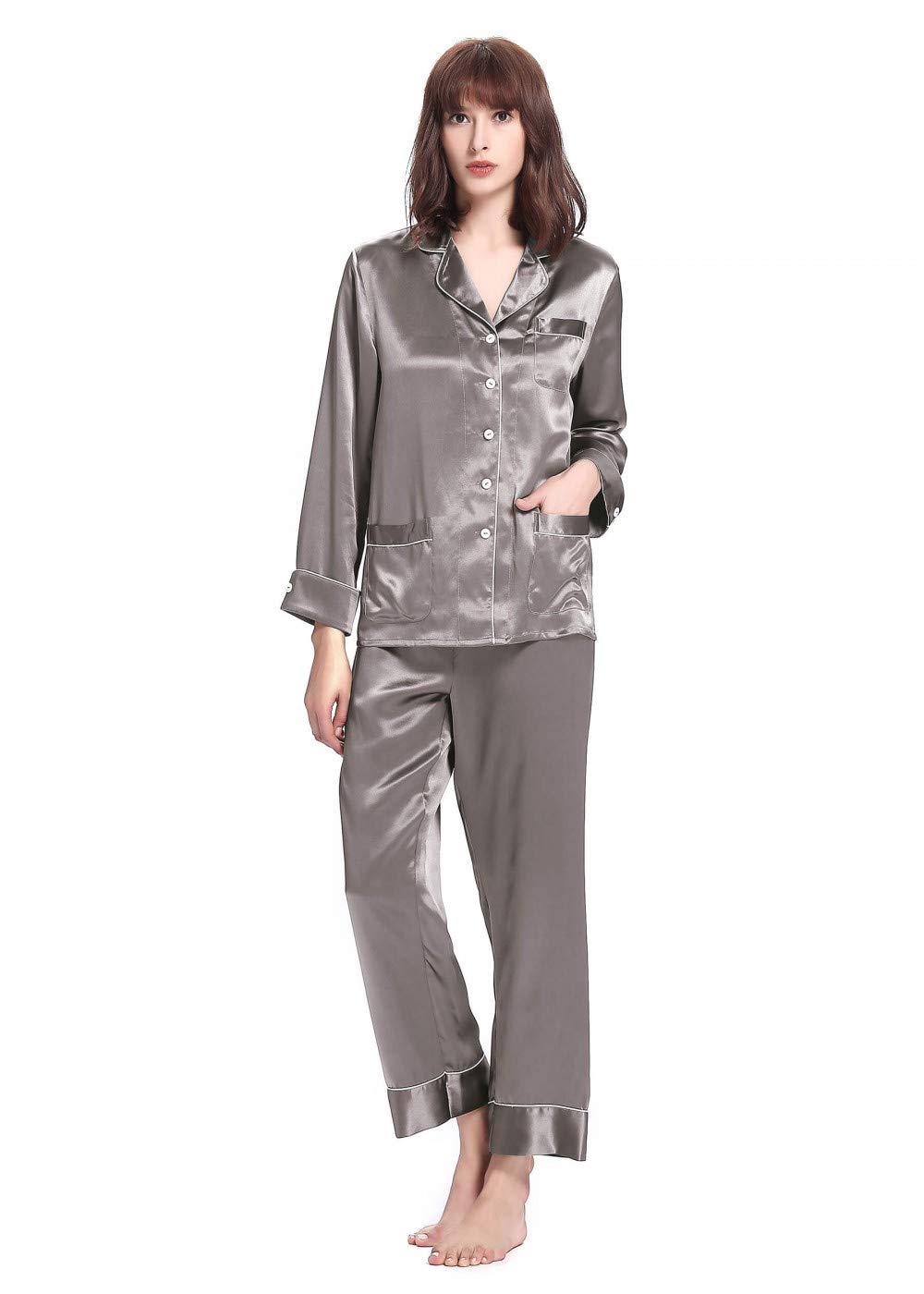 LilySilk Women's Long Silk Pajama Set - V-Neck Notched Collar with White Trim - Luxurious Sleepwear for Comfort & Elegance - Perfect for Nighttime Relaxation, Spa Days & Romantic Getaways