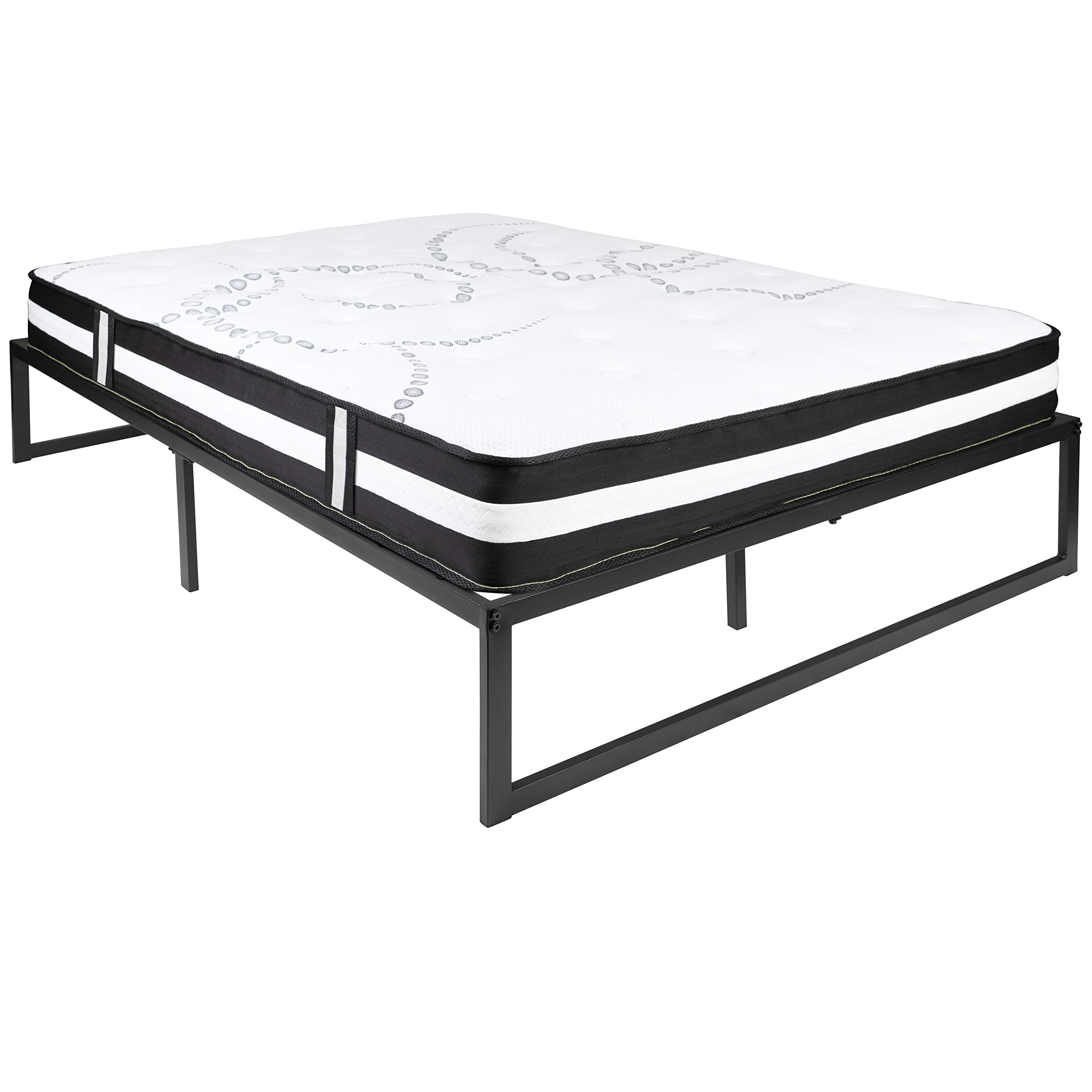 14 Inch Metal Platform Bed Frame with 12 Inch Pocket Spring Mattress in a Box - Full Size, No Box Spring Needed | Sturdy Support for Bedrooms, Guest Rooms & Dormitories