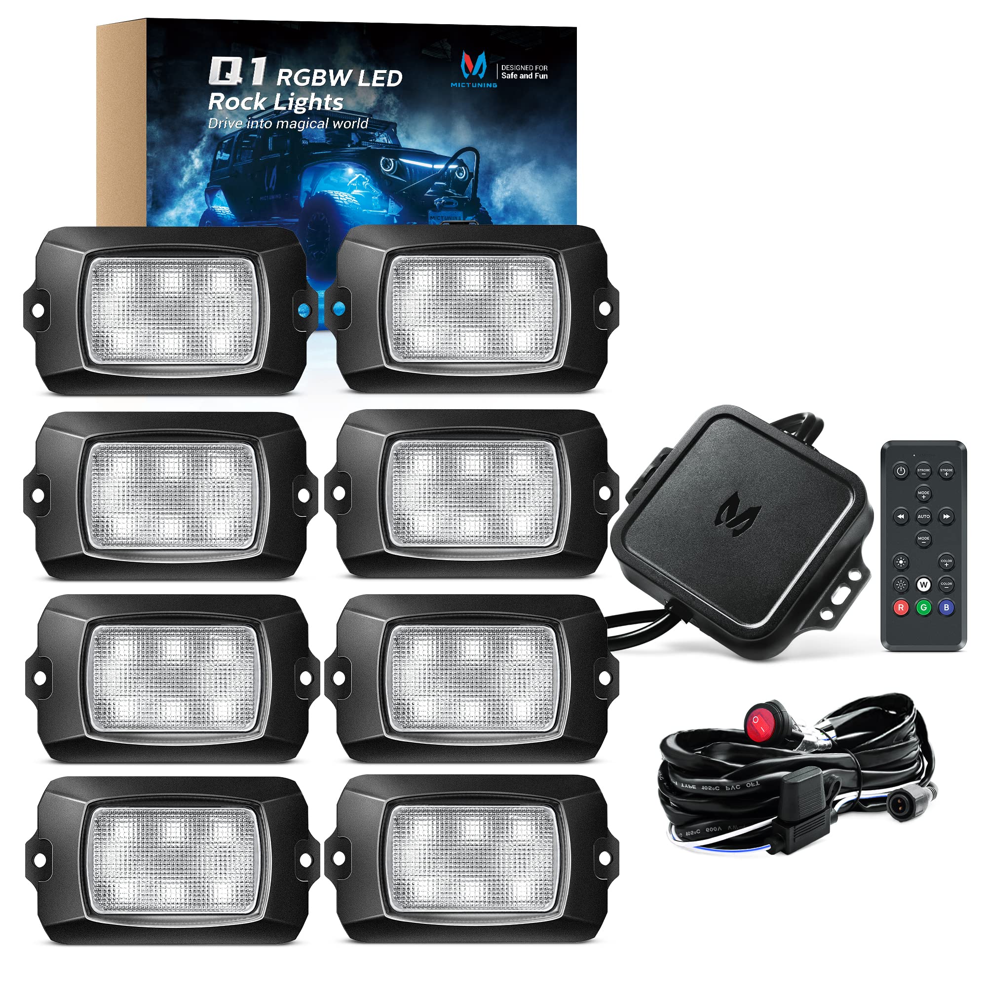 MICTUNING Q1 RGBW LED Rock Lights - 8 Pods Underglow Multicolor Neon Light Kit with Bluetooth App & Remote Control, Wiring Switch, Music Sync Mode - Perfect for Truck, ATV, UTV, RZR Off-Road Lighting & Custom Vehicle Styling