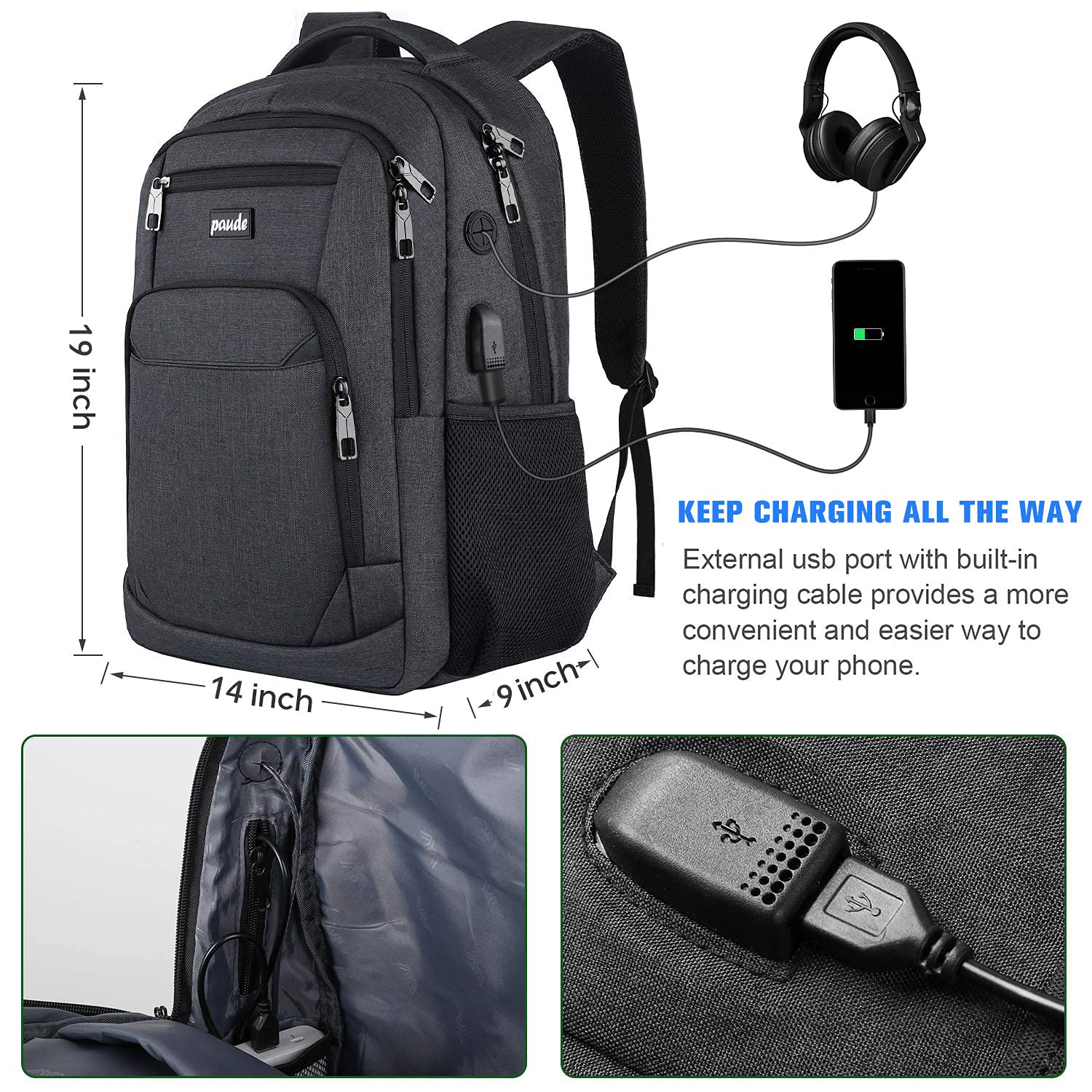 Paude 17.3 Inch Laptop Backpack for Men & Women - USB Charging Port, Durable School & Travel Backpack for College Students & Business Professionals | Perfect for Work Commute, Campus Life & Business Trips