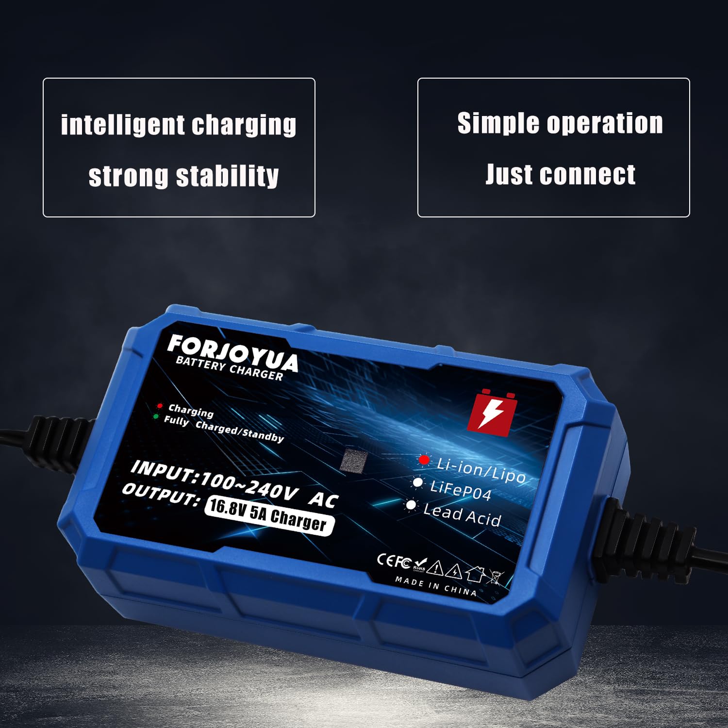 FORJOYUA 16.8V 5A Fast Charger with DC5.5x2.1mm Connector - Compatible with 14.8V 4S Li-ion Battery Packs | Perfect for RC Drones, Power Tools & Electric Scooters