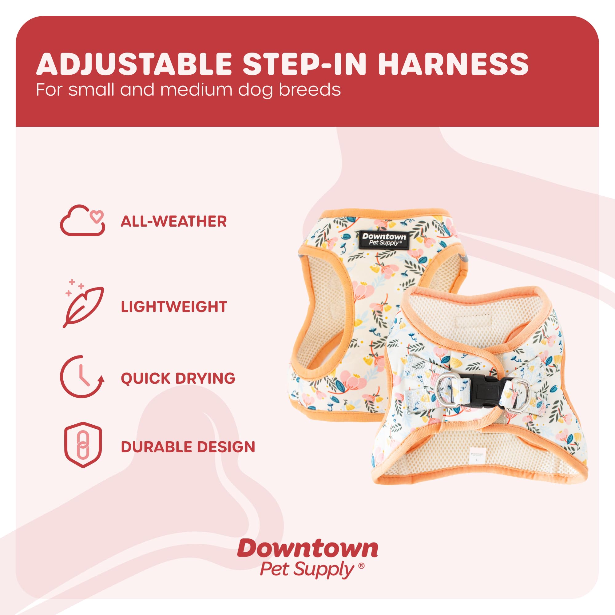 Downtown Pet Supply No-Pull Step-in Dog Harness for Small Dogs - Adjustable Padded Mesh Vest with Reflective Trim & Buckle Strap | Floral Design | Perfect for Walking, Training & Outdoor Adventures