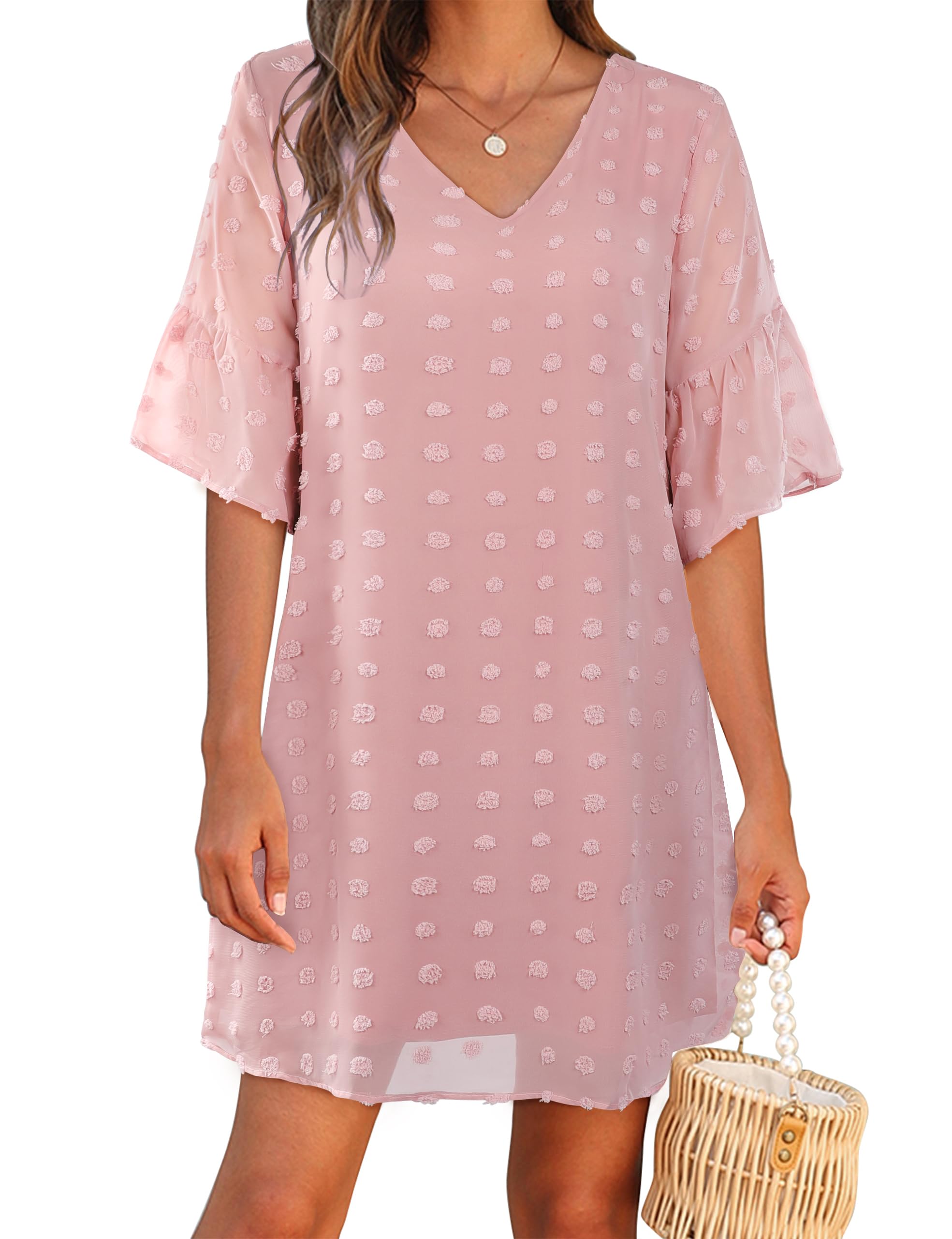 Blooming Jelly Women's White Summer Dress - Short Sleeve V-Neck Ruffle Chiffon Flowy Mini Dress for Beach, Vacation & Casual Wear