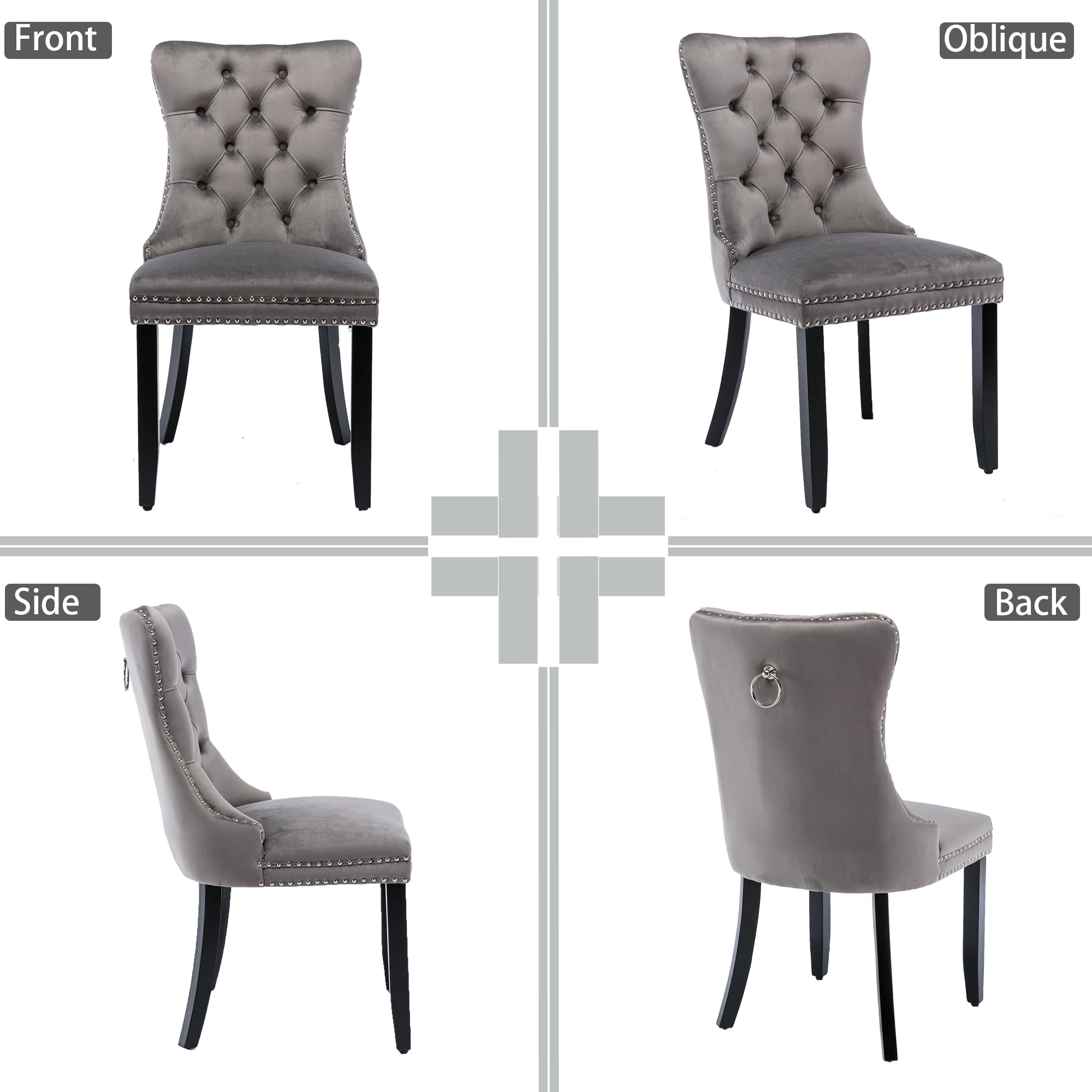 Rhomtree Set of 2 Velvet Dining Chairs - Luxury Tufted Back with Nailhead Trim & Ring Pull, Solid Rubberwood Legs (Grey/Black) for Kitchen, Dining Room & Home Decor