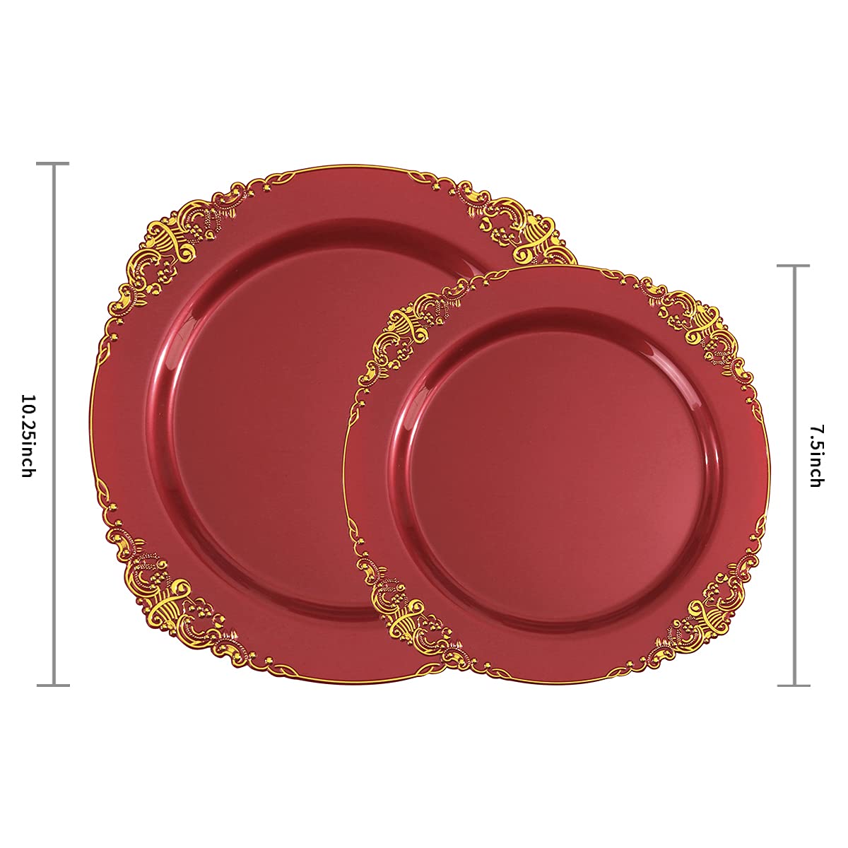 Liacere 50-Pack Disposable Red Plastic Plates Set - 25PCS 7.5 Inch Dessert Plates & 25PCS 10.25 Inch Dinner Plates with Gold Trim for Christmas Party, Wedding Reception, New Year Celebration, Birthday, BBQ, Picnic and Holiday Gatherings