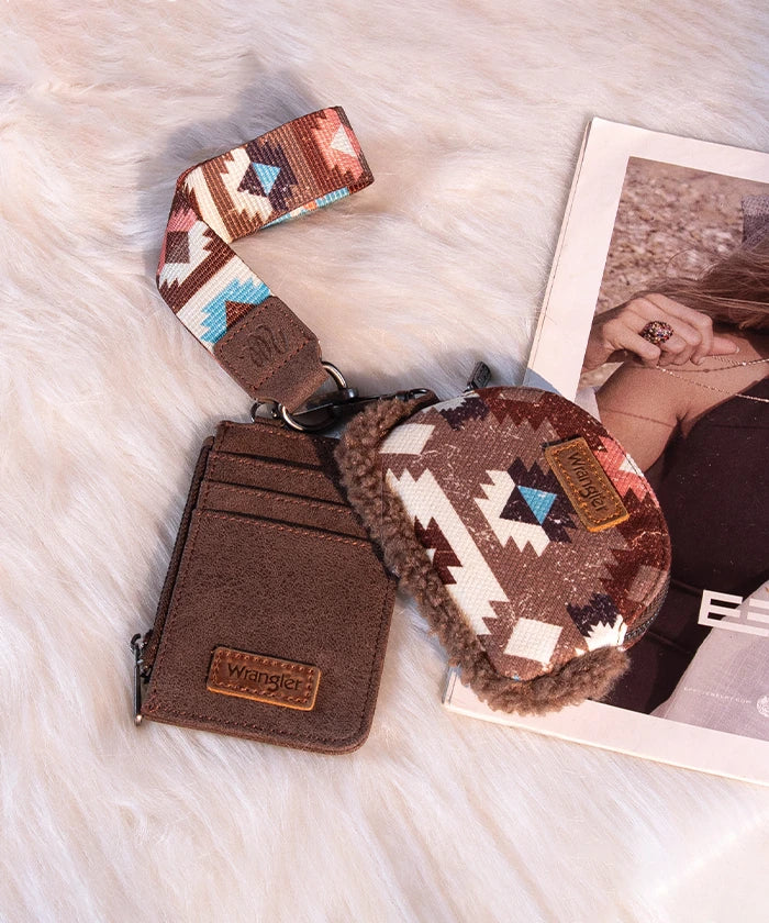 Wrangler Aztec Sherpa Trim Crossbody Purse Set for Women - Stylish Boho Shoulder Bag with Fringe Detail - Perfect for Casual Outings, Music Festivals & Travel Accessories