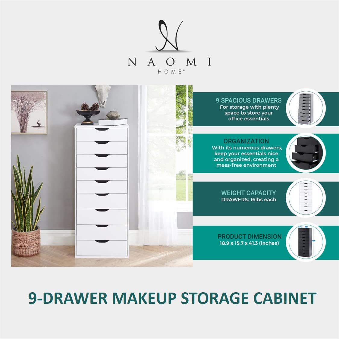Naomi Home 9-Drawer Tall Dresser for Bedroom & Closet - White Makeup Storage Cabinet with 200 lbs Capacity | Stylish Organizer for Clothes, Cosmetics & Accessories | Perfect for Small Spaces, Dorm Rooms & Apartment Bedrooms