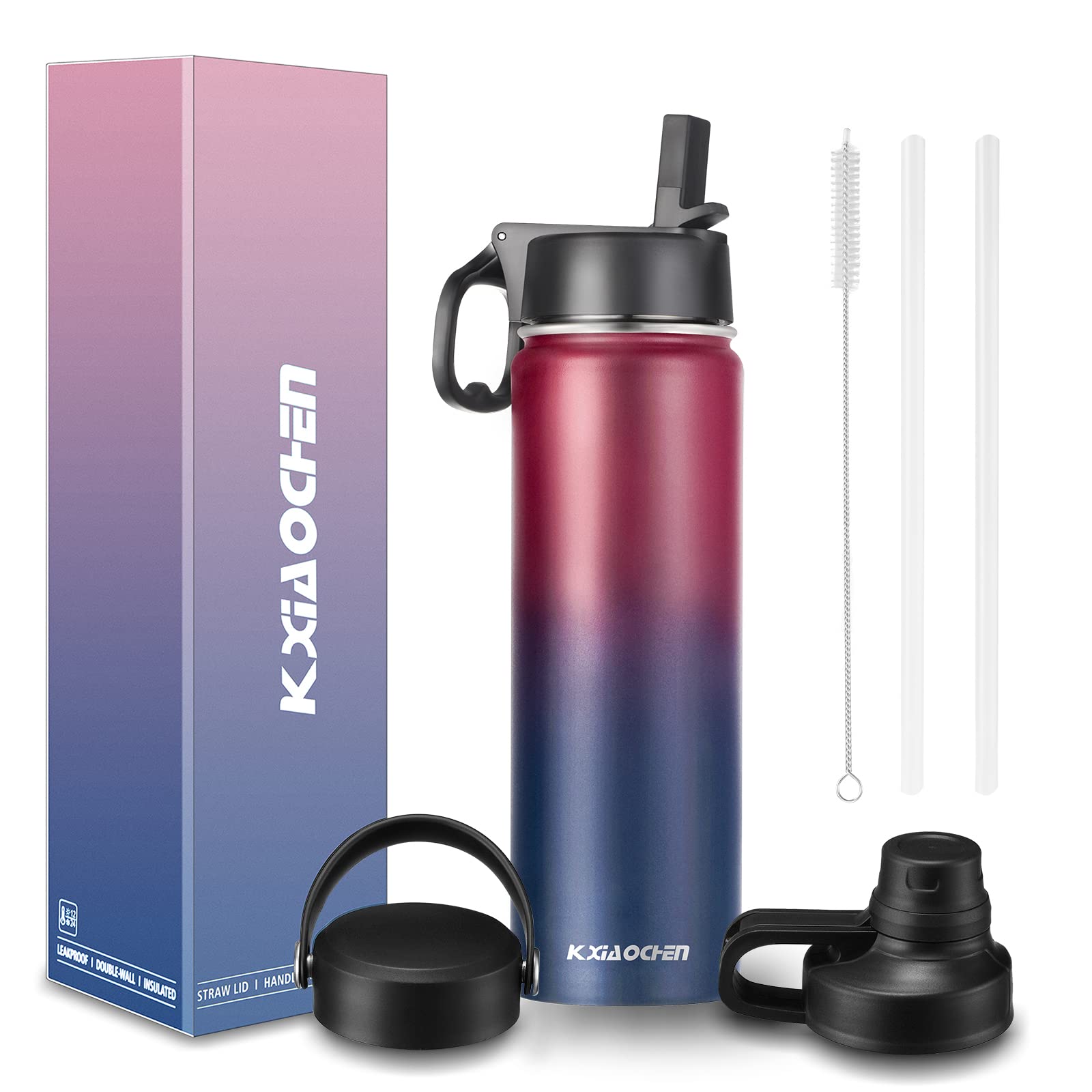 22 oz Insulated Stainless Steel Water Bottle with 3 Lids (Straw, Spout & Handle) - Double Walled Wide Mouth Metal Water Bottle Keeps Drinks Hot & Cold for 24 Hours - Perfect for Gym, Hiking, Travel & Office (Dark Rainbow)