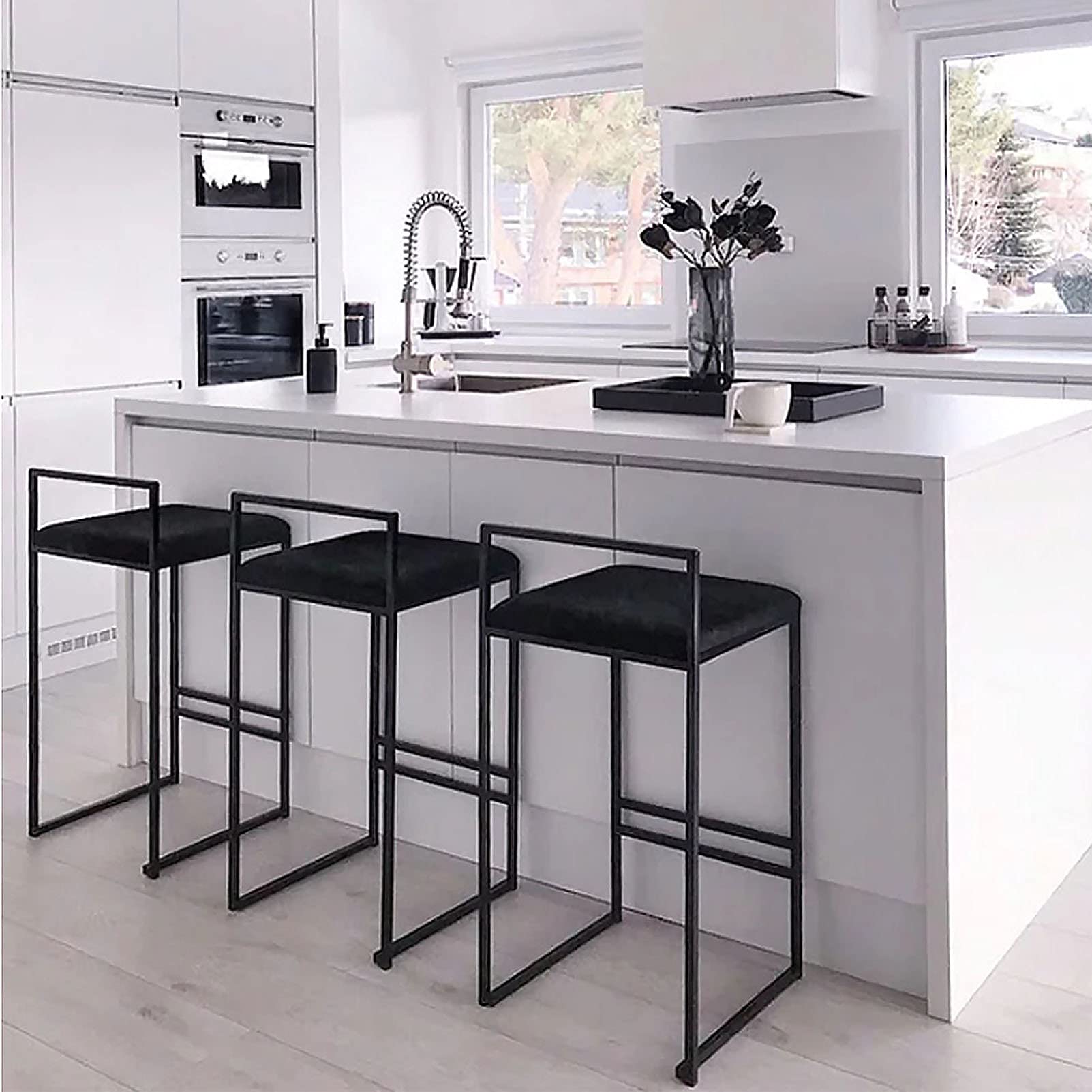 DASHADAO Set of 2 Black Velvet Kitchen Island Counter Chairs with Metal Legs & Footrest - Modern Breakfast Bar Stools for Dining, Kitchen Decor & Small Space
