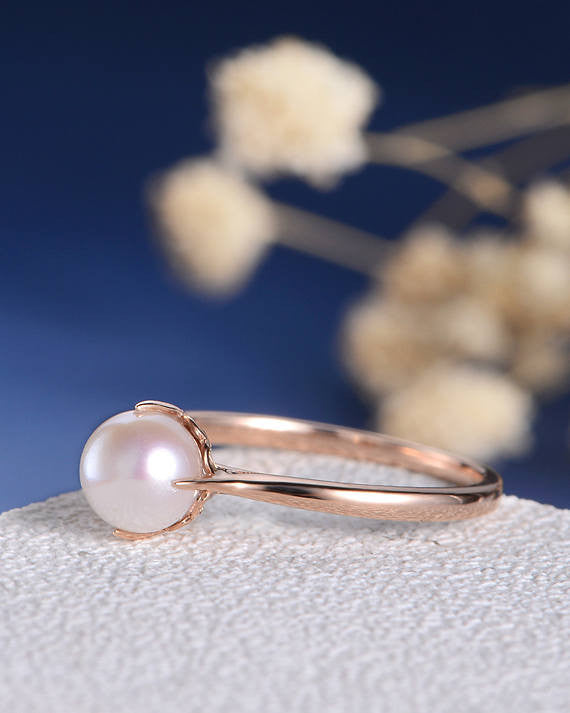 Elegant Rose Gold Tapered Solitaire Pearl Engagement Ring - June Birthstone Vine Heart Set for Weddings & Anniversaries