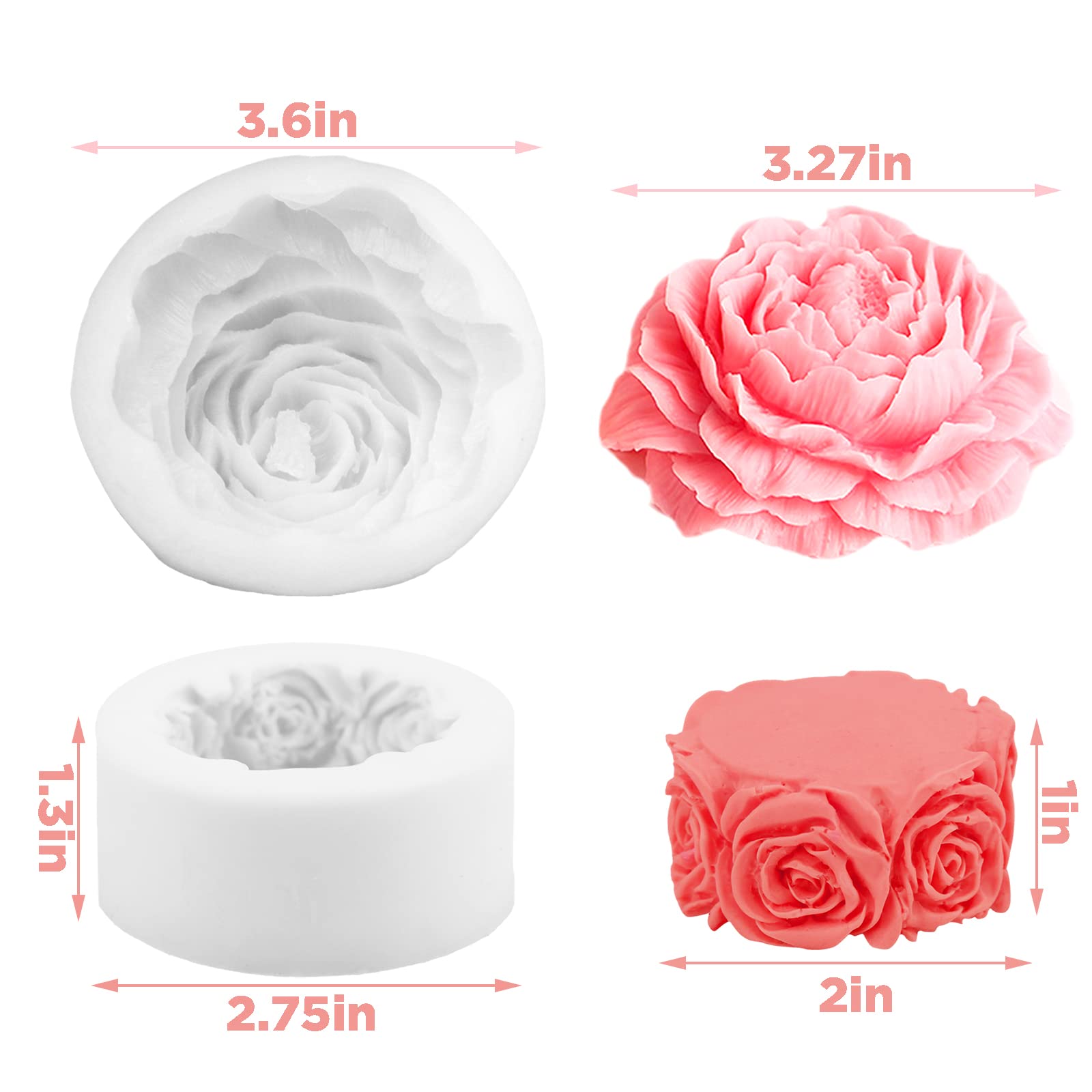 2-Pack Flower Shaped Silicone Candle Molds - DIY 3D Rose & Peony Candle Making Kit for Resin, Soap, and Wax Crafts - Perfect for Valentine's Day Gifts, Home Decor, and Wedding Centerpieces (3.6
