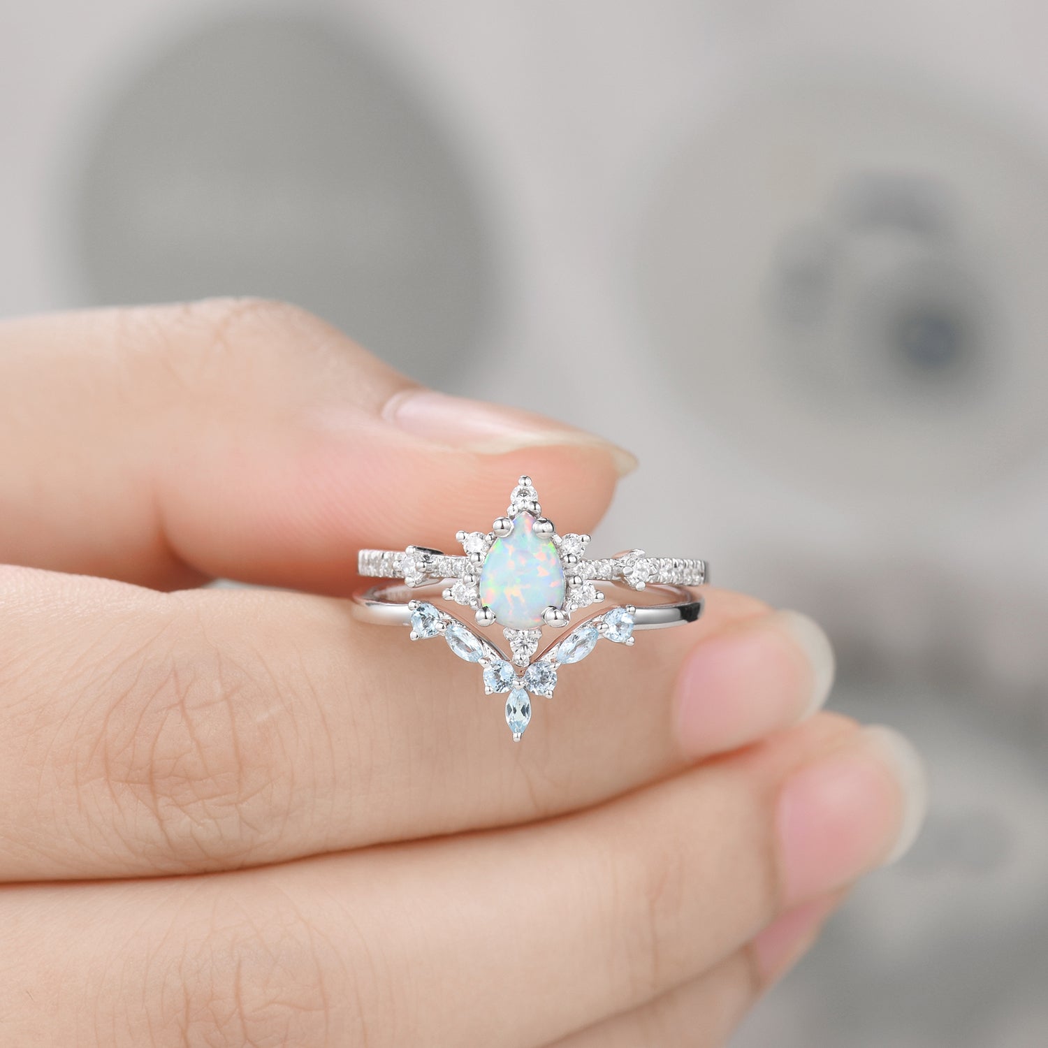 Vintage Opal Wedding Ring Set - 14k White Gold with Blue Topaz Curved Band for Brides, Engagement, Anniversary & Special Occasions