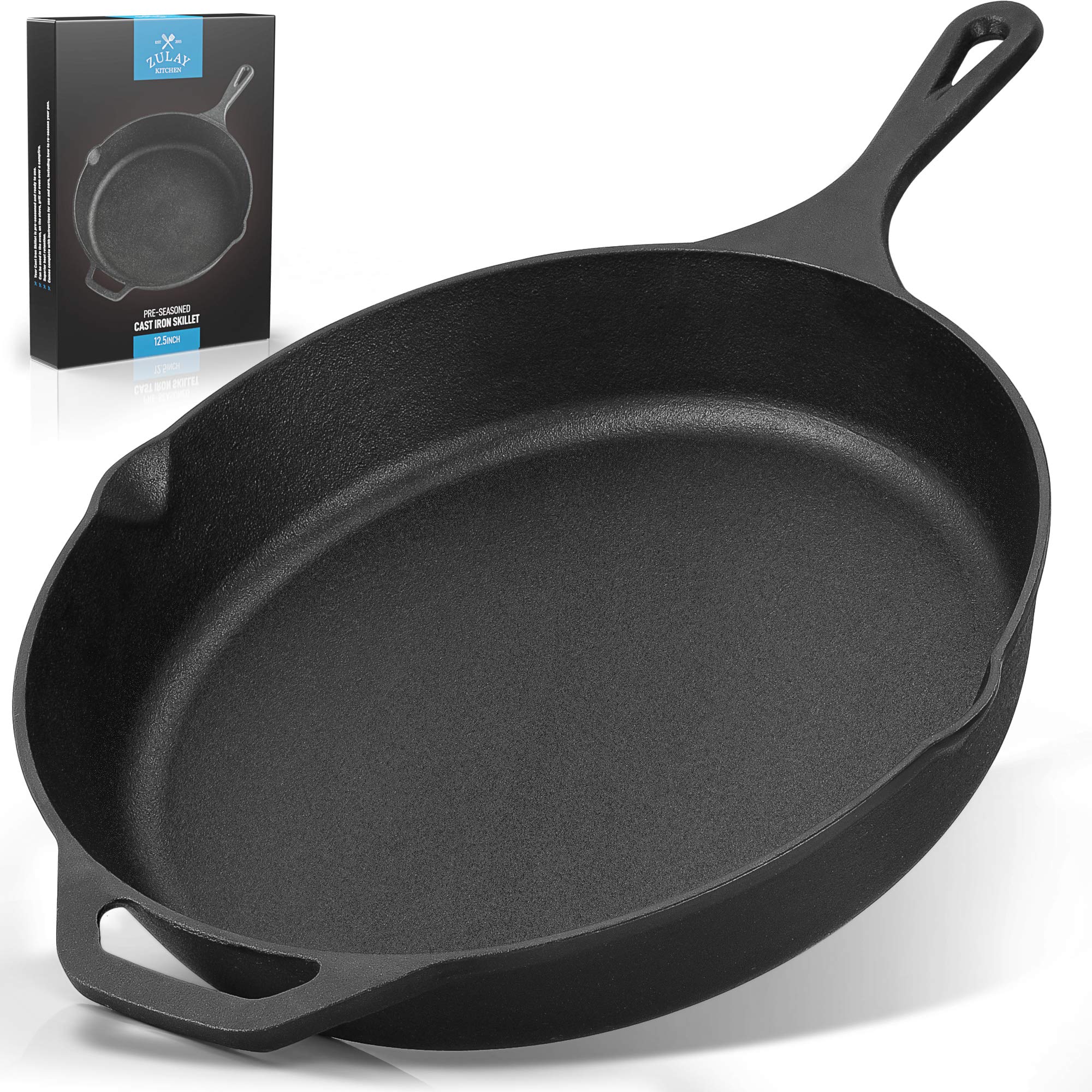Zulay Kitchen 12 Inch Pre-Seasoned Cast Iron Skillet - Heavy Duty Oven Safe Skillet for Stovetop, Grill, Induction & Campfire Cooking - Perfect for Searing Steaks, Baking Pizza & Outdoor Camping Meals