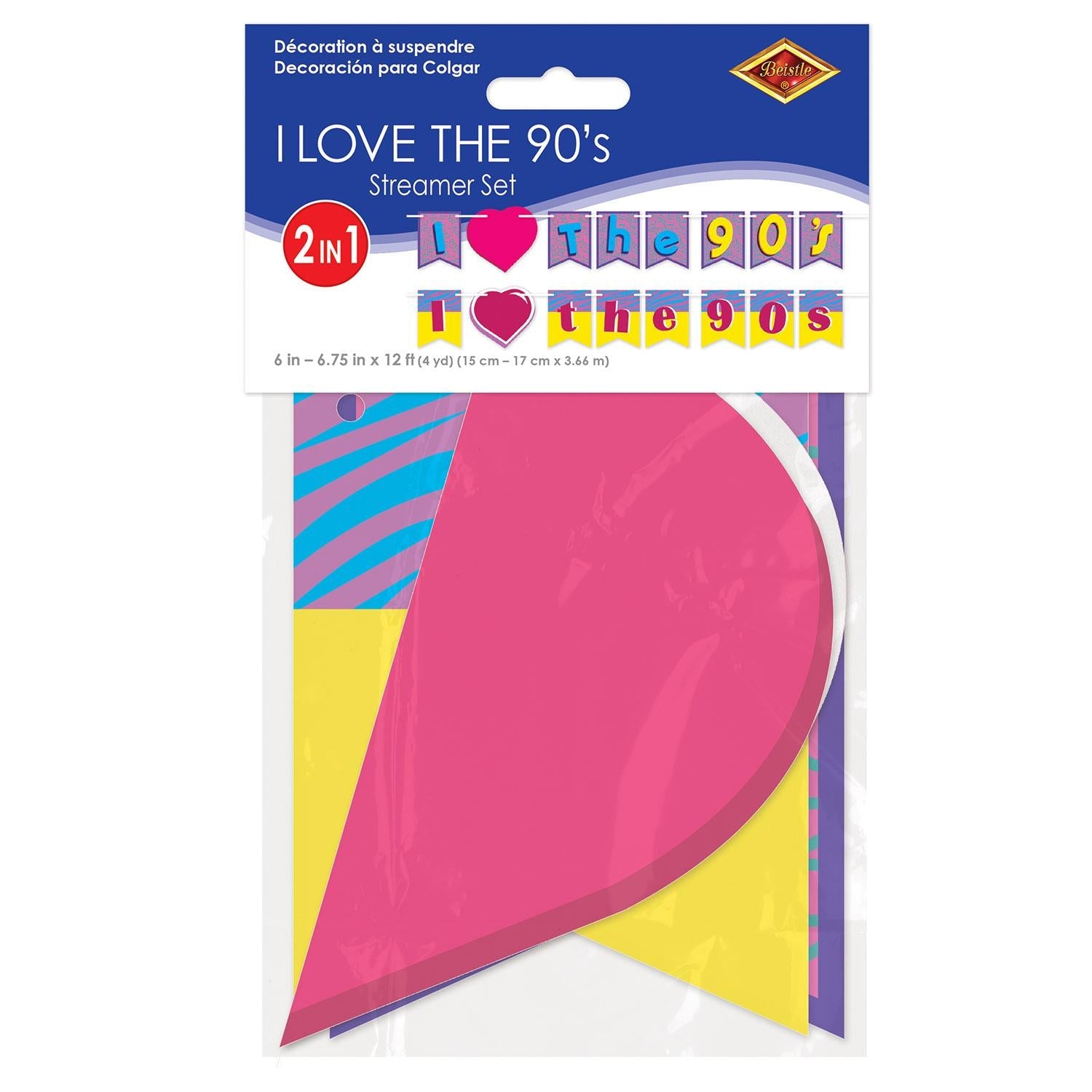 12 Pack Beistle I Love The 90's Party Streamer Set - Colorful Retro Decorations for 90s Theme Parties, Birthday Celebrations & Nostalgic Events