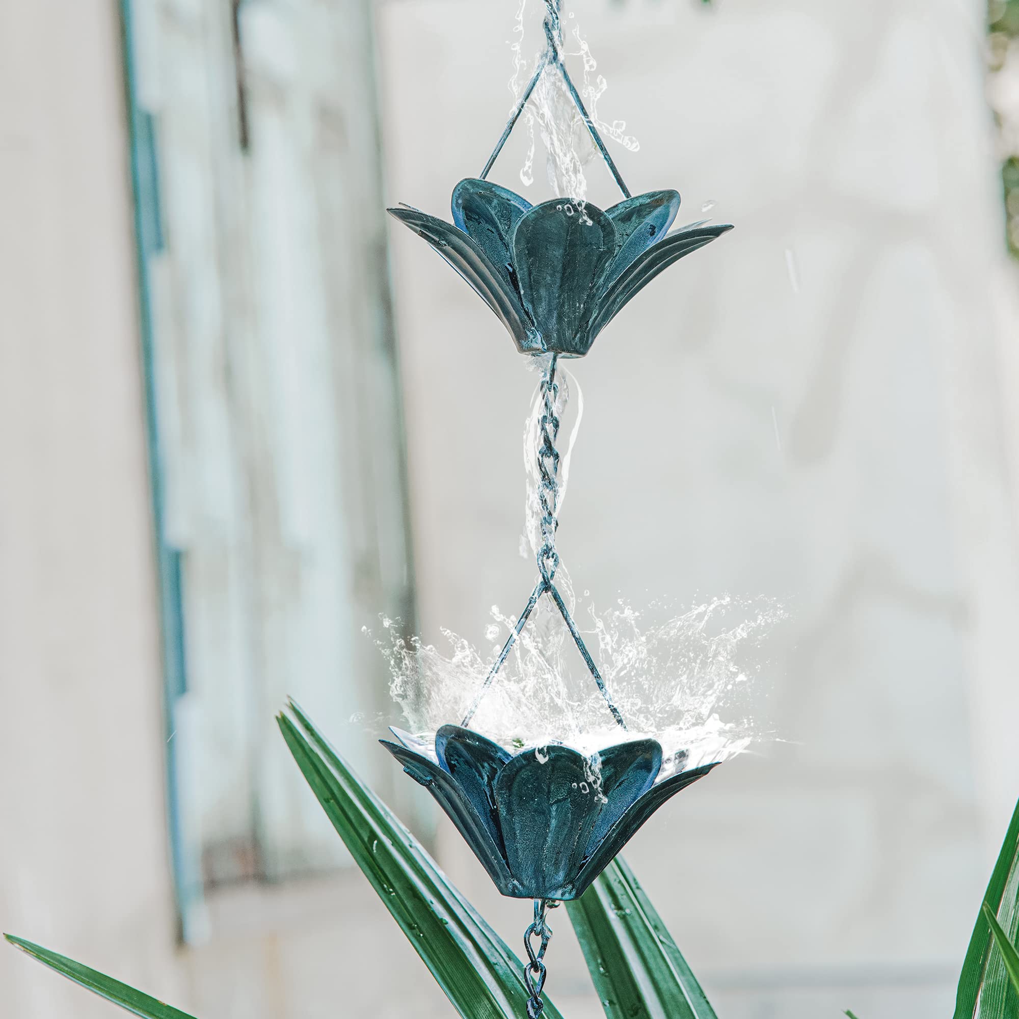 Topadorn 7.85 FT Decorative Iron Gutter Chain with 12 Rain Collector Cups & Flower Cups - Garden Water Feature for Outdoor Decor, Patio, Yard, and Landscape Design