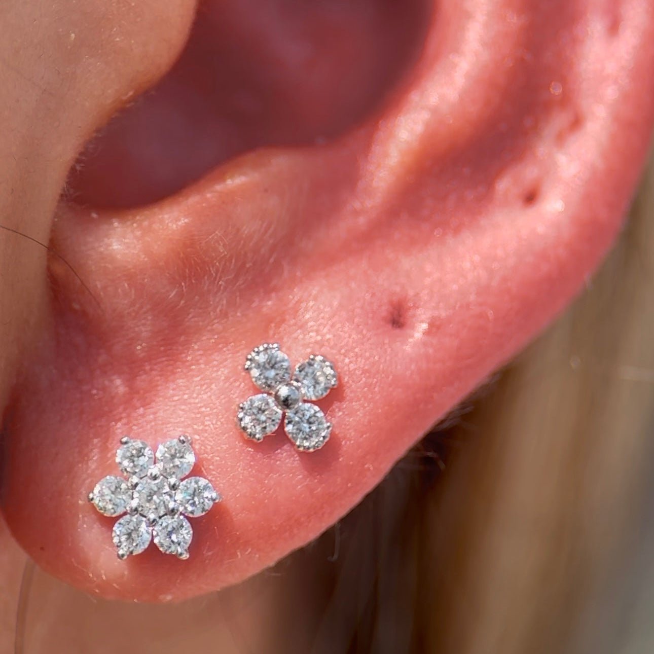 14K Rose Gold Beaded Diamond Four Petal Flower Flat Back Stud Earrings - Perfect for Weddings, Parties & Everyday Elegance