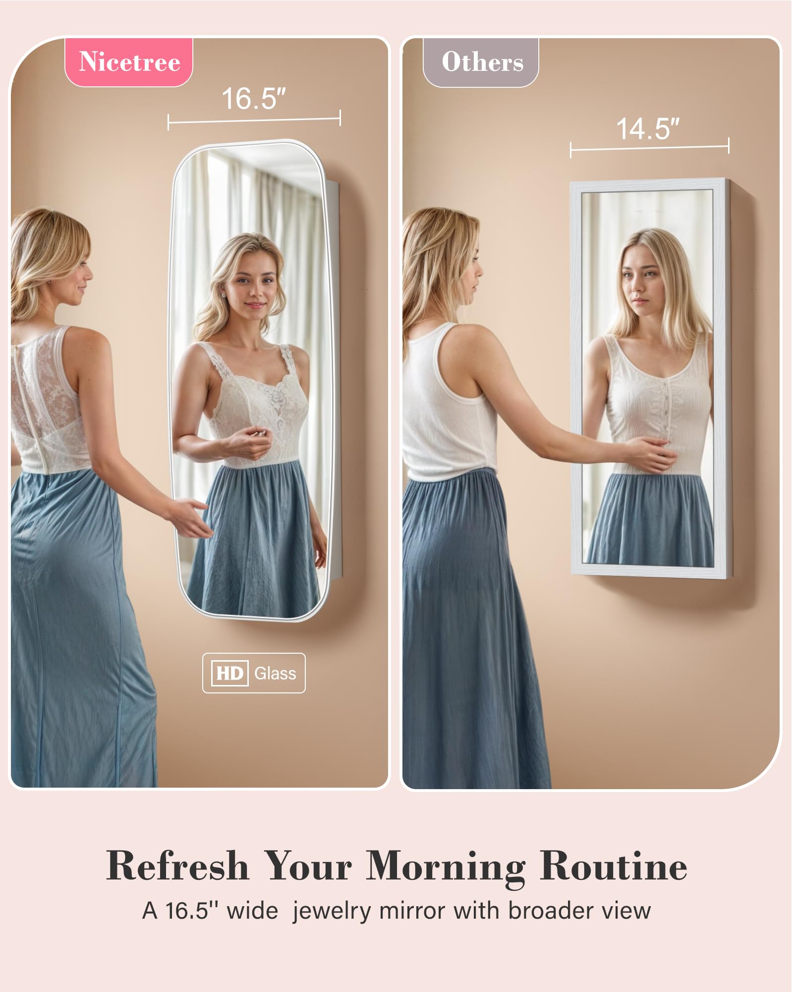 Nicetree LED Mirror Jewelry Cabinet - Wall/Door Mounted Jewelry Armoire Organizer with Lockable Storage, 2 Drawers & Interior Mirror - Pure White for Bedroom, Dressing Room & Closet Organization