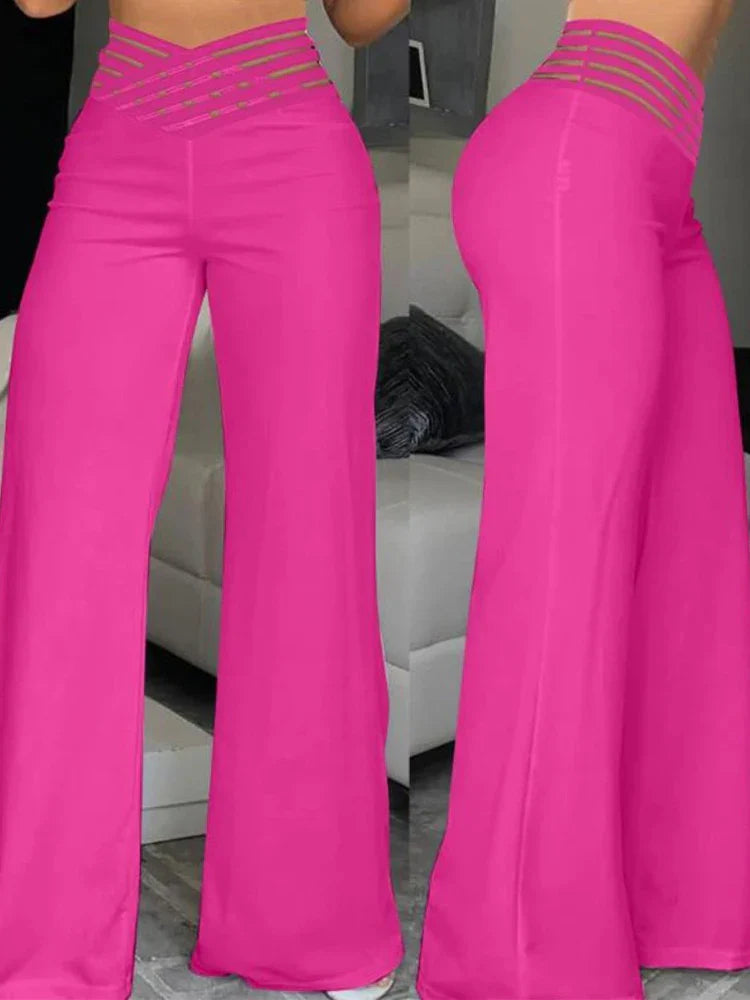Elegant High Waist Flared Women's Pants - Office & Casual Crisscross Sheer Mesh Patch Trousers for Work, Party & Everyday Wear