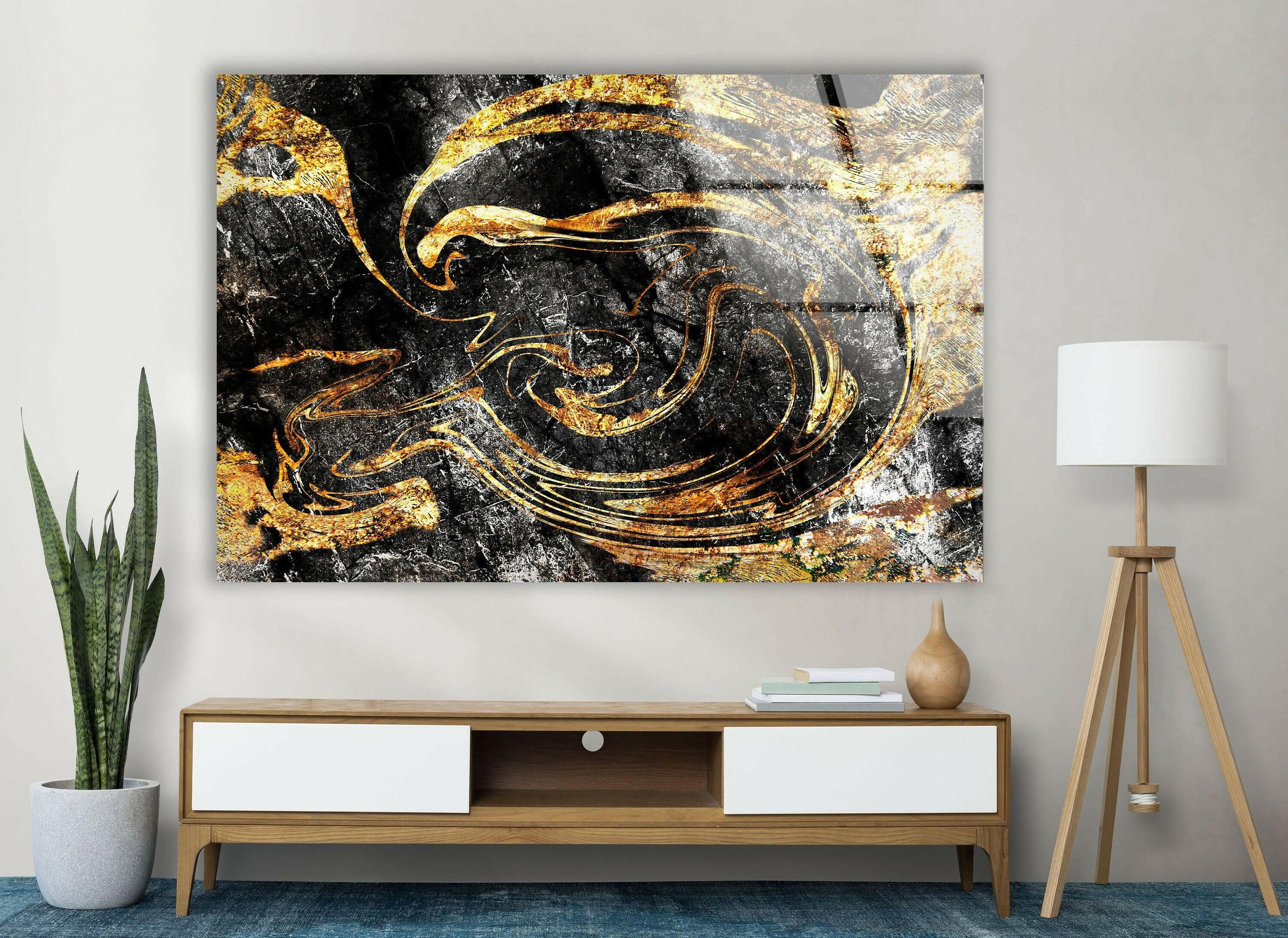 Elegant Black and Gold Marbled Glass Wall Art - Modern Home Decor for Living Room, Bedroom & Office