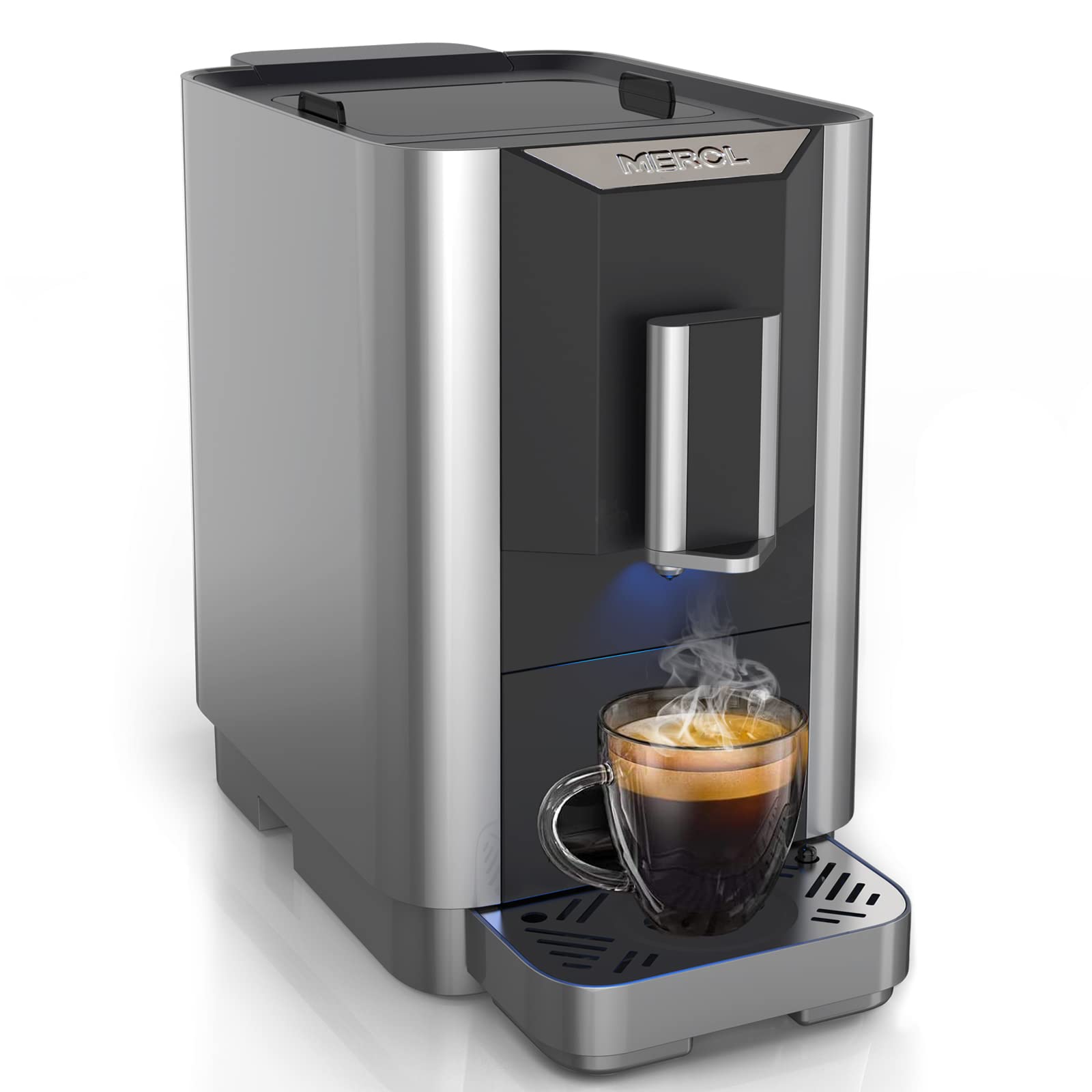 Fully Automatic Espresso Coffee Machine with Touch Screen - 19 Bar Pressure, Built-in Adjustable Grinder, Compact Home & Office Coffee Maker (ME-720, Grey/Silver) - Perfect for Coffee Lovers, Baristas & Small Cafes