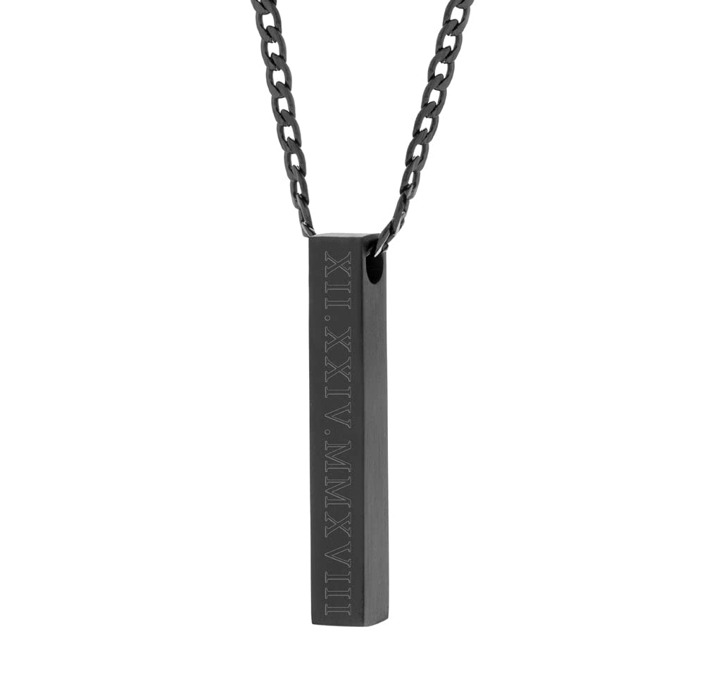 EVE'S ADDICTION Engraved Roman Numeral Date Men's Black Vertical Square Pendant Necklace - Personalized Pillar Pendant for Graduation, Father's Day & Special Occasions - Perfect Gift for Him, Boyfriend or Husband - Birthday, Anniversary & Christmas Present Idea