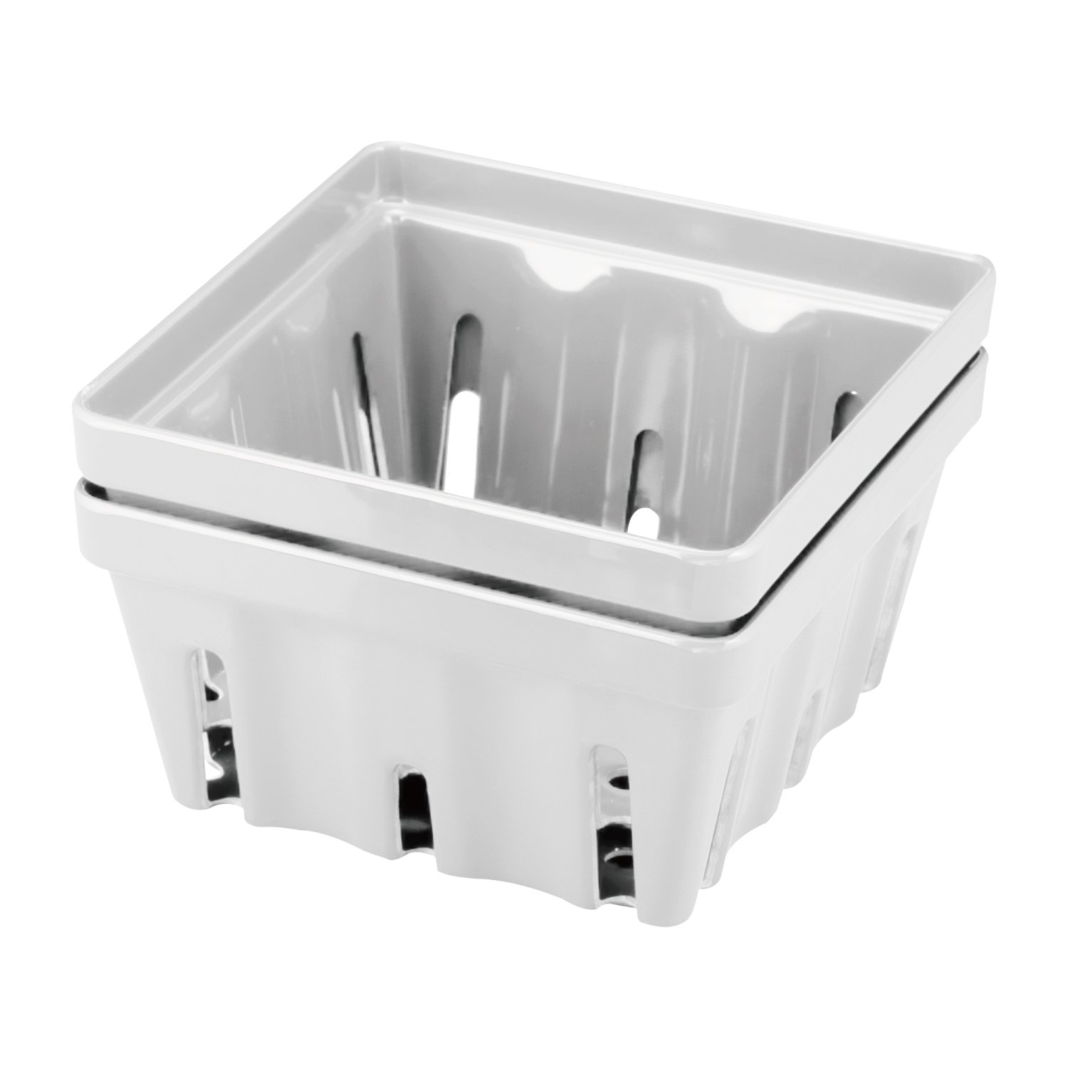 Premium Melamine Berry Basket Set of 2 - 5 Inch Square Fruit Bowl with Holes for Strawberries, Blueberries & Raspberries - Durable Small Kitchen Container for Fresh Fruits, Snacks & Party Serving (White) - Perfect for Picnics, Breakfast Tables & Farmers Market Displays