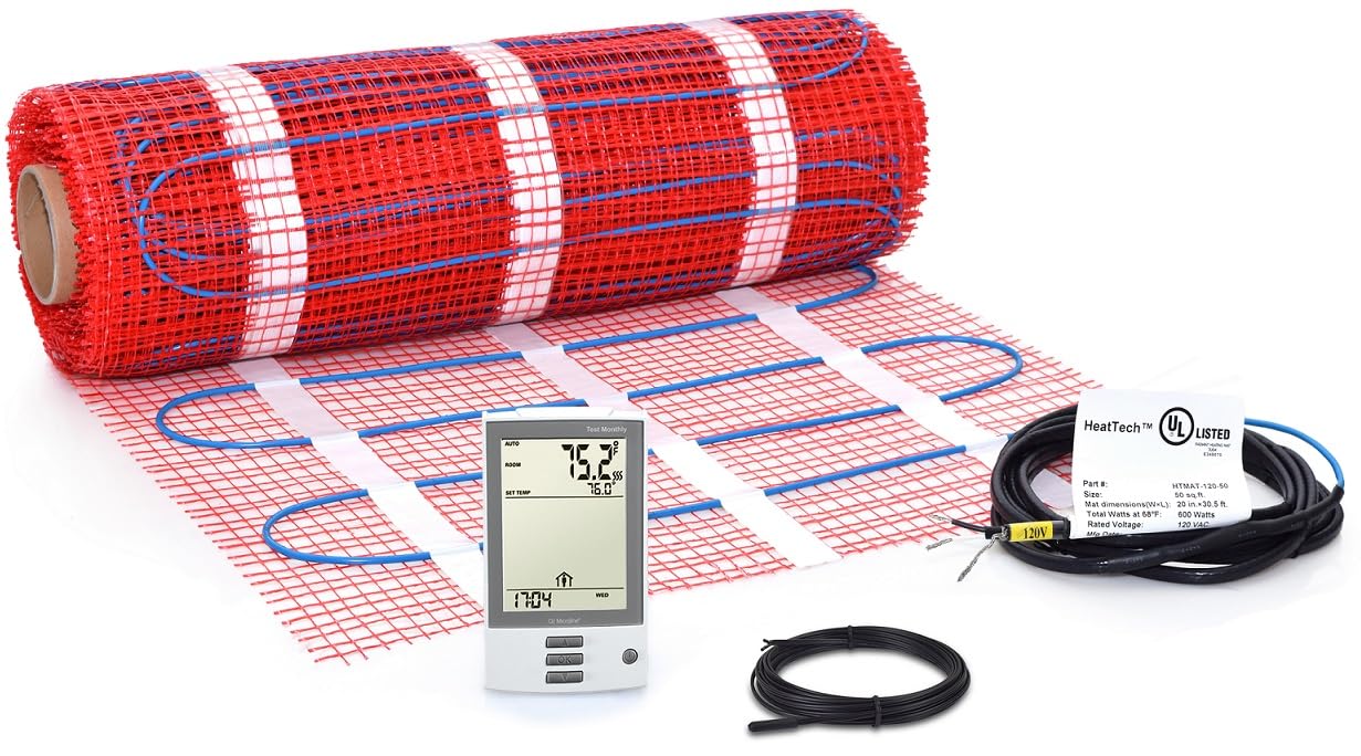 30 sqft HeatTech 240V Electric Tile Radiant Floor Heating Mat Kit with OJ Microline Thermostat - GFCI Protected Floor Sensor for Tile & Stone Floors - Perfect for Bathroom, Kitchen & Basement Warmth