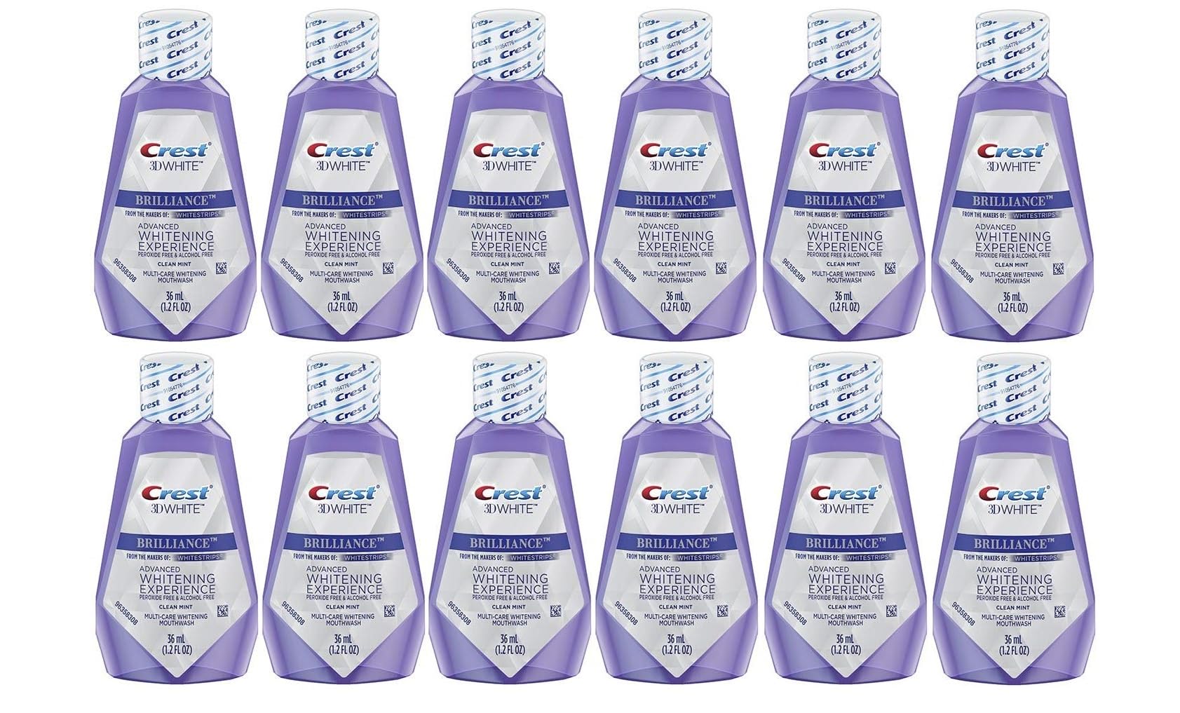 Crest 3D White Brilliance Teeth Whitening Mouthwash, Travel Size 1.2oz (36ml) Pack of 12, Clean Mint Flavor - Freshen Breath & Remove Surface Stains - Perfect for Travel, Office & On-the-Go Whitening